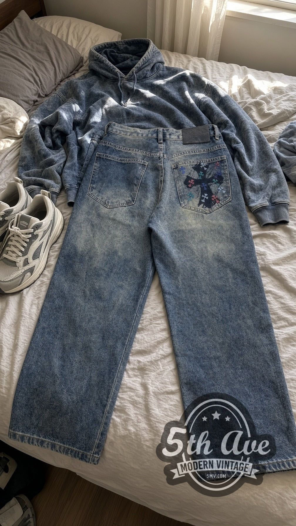 Acid Wash Multi-Color Cross Back Pocket Streetwear Jeans – Vintage Style vintage jeans laid on bed
