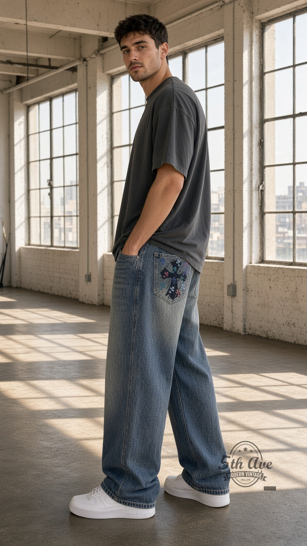Model wearing Acid Wash Multi-Color Cross Back Pocket Streetwear Jeans vintage streetwear