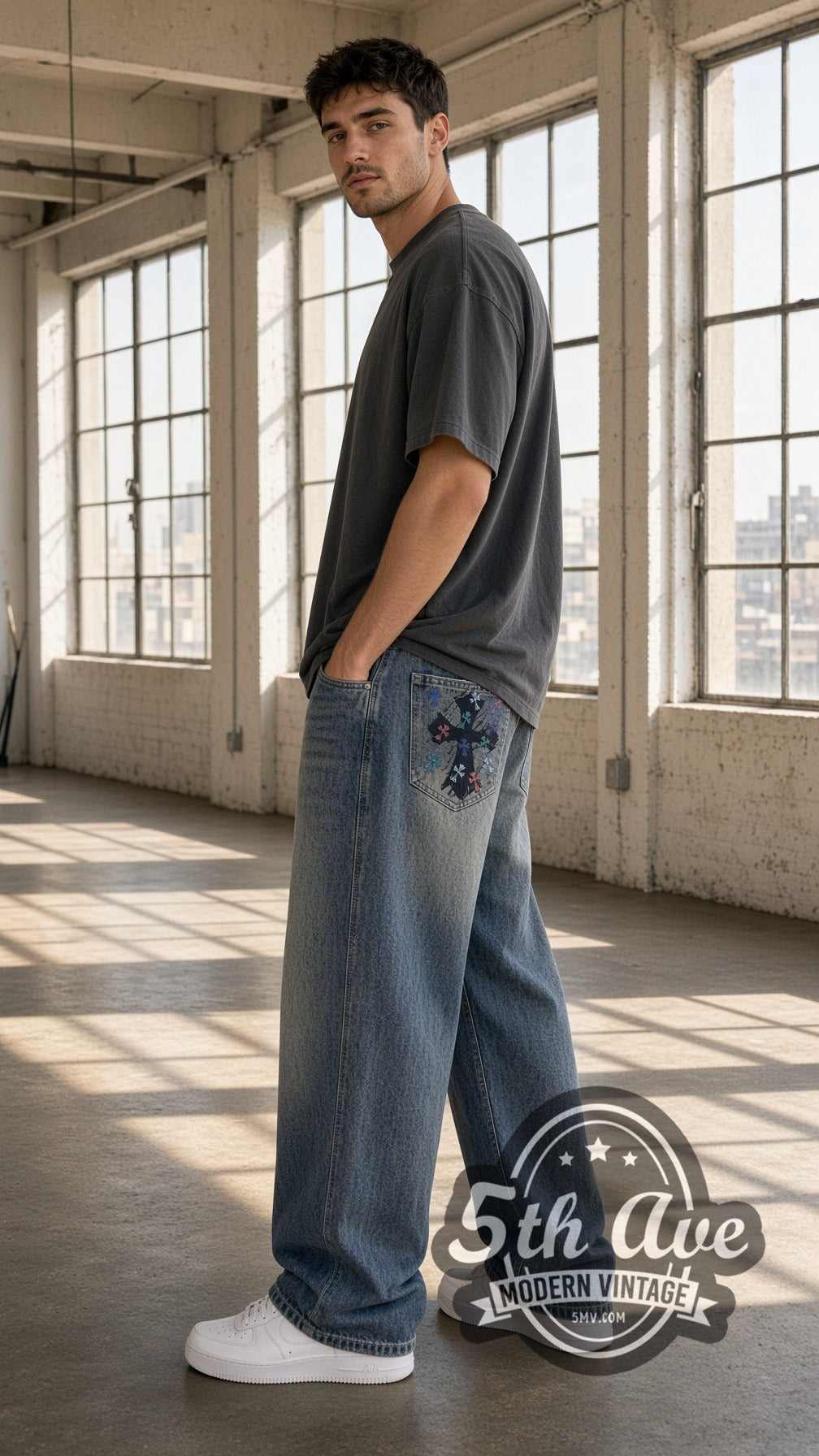 Model wearing Acid Wash Multi-Color Cross Back Pocket Streetwear Jeans – Vintage Style vintage jeans