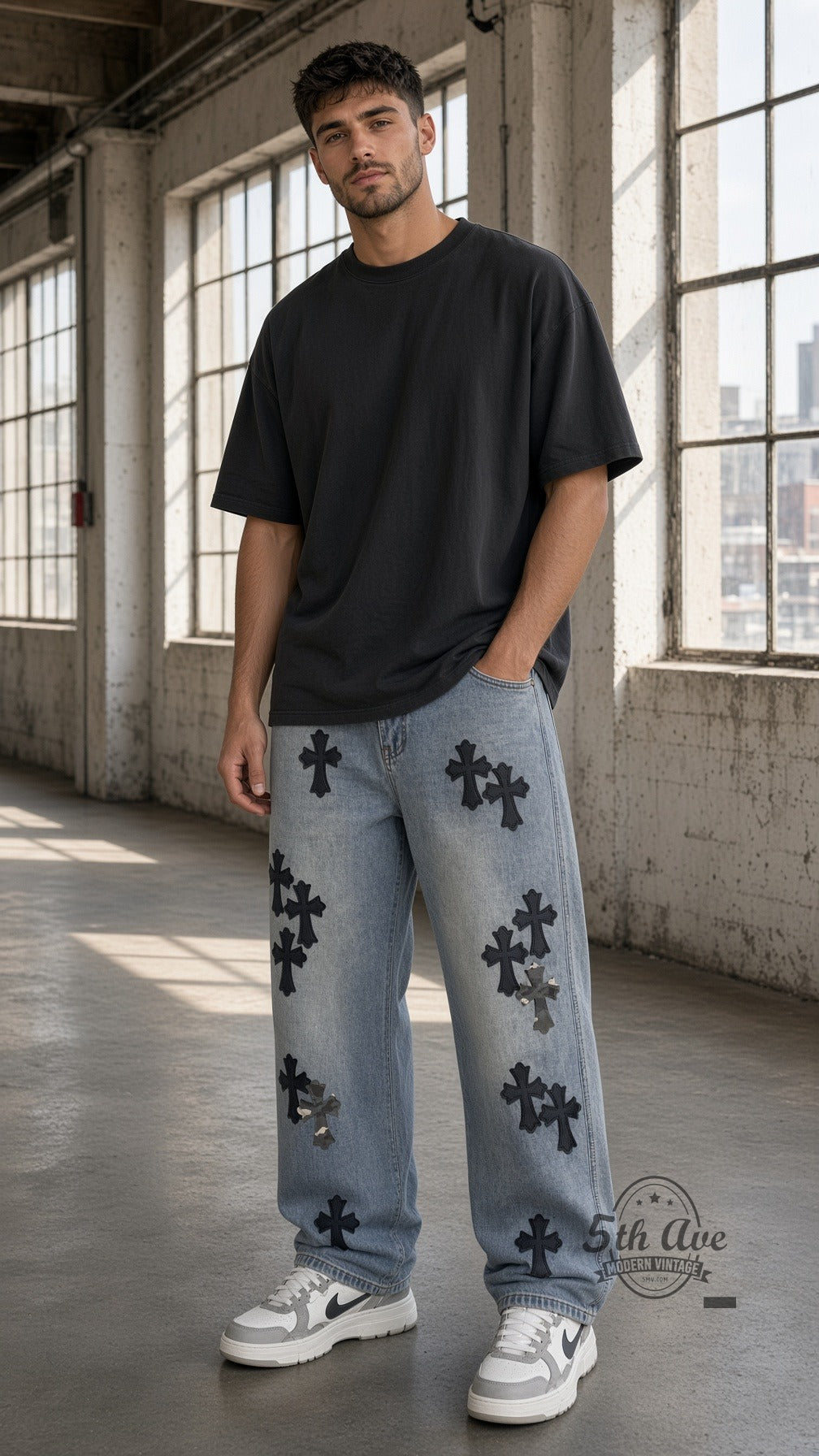 Model wearing Light Wash Black + Camo Cross Patch Streetwear Jeans vintage streetwear