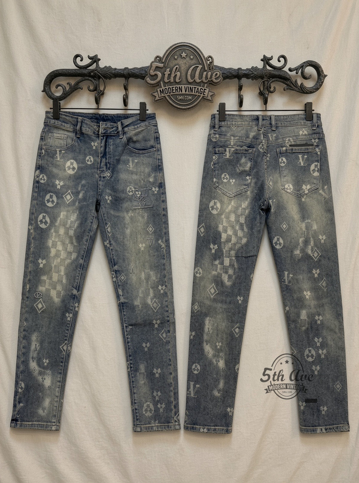 Acid Wash Monogram-Style Streetwear Jeans front and back on rack