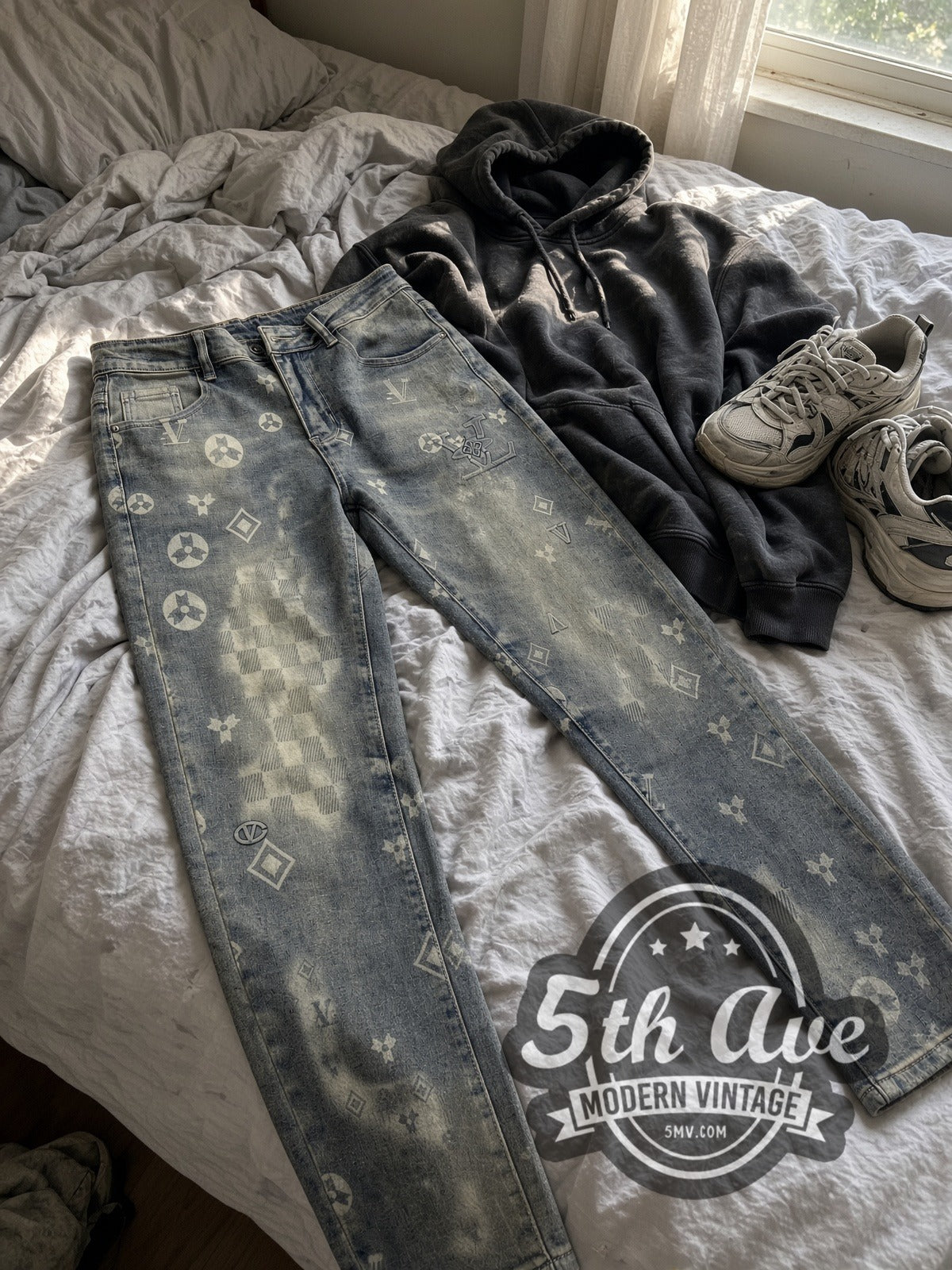 Acid Wash Monogram-Style Streetwear Jeans – Vintage Style vintage jeans laid on bed