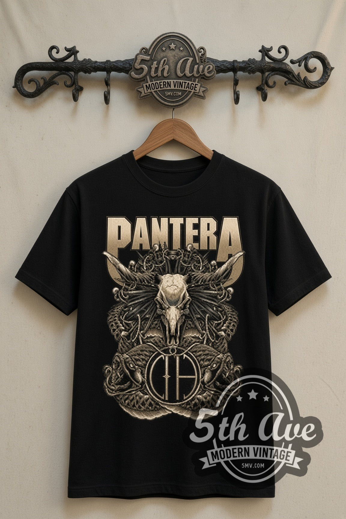 Pantera Ram Skull and Snakes Gold Crest double stitched black tee front on dark iron 5th Ave rack