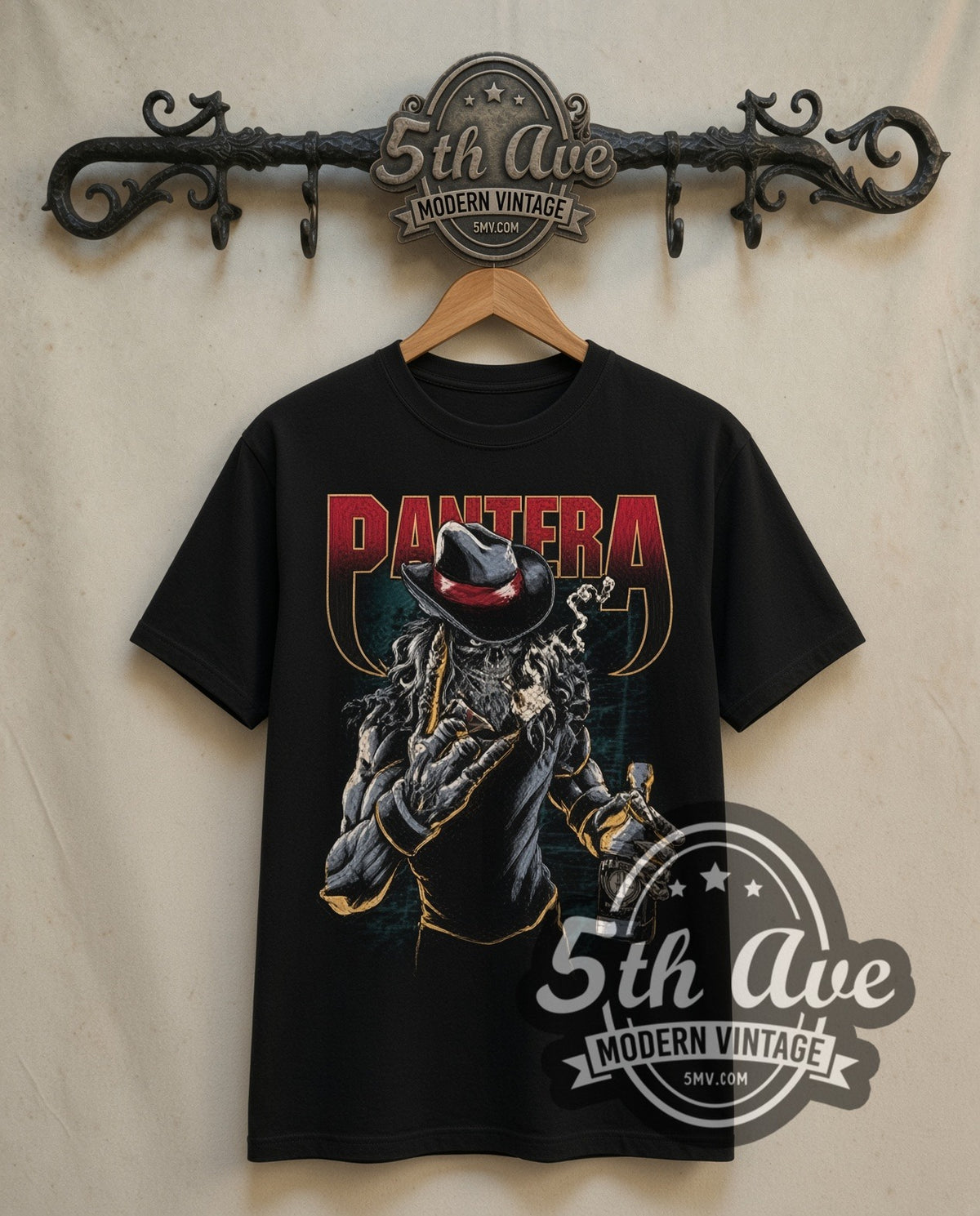 Pantera Skeleton Cowboy with Whiskey double stitched black tee front on dark iron 5th Ave rack