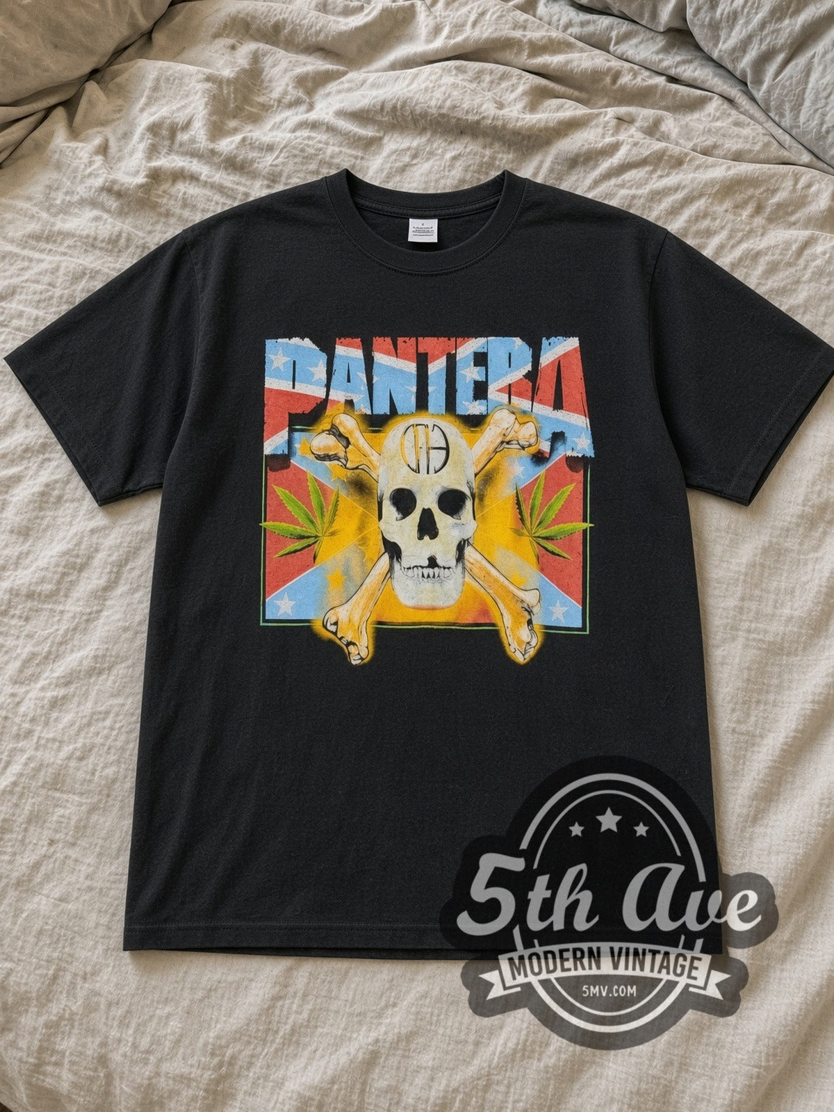 Black Pantera The Real Steel Tour 2001 Vintage Band T-Shirt laid flat on a linen bed