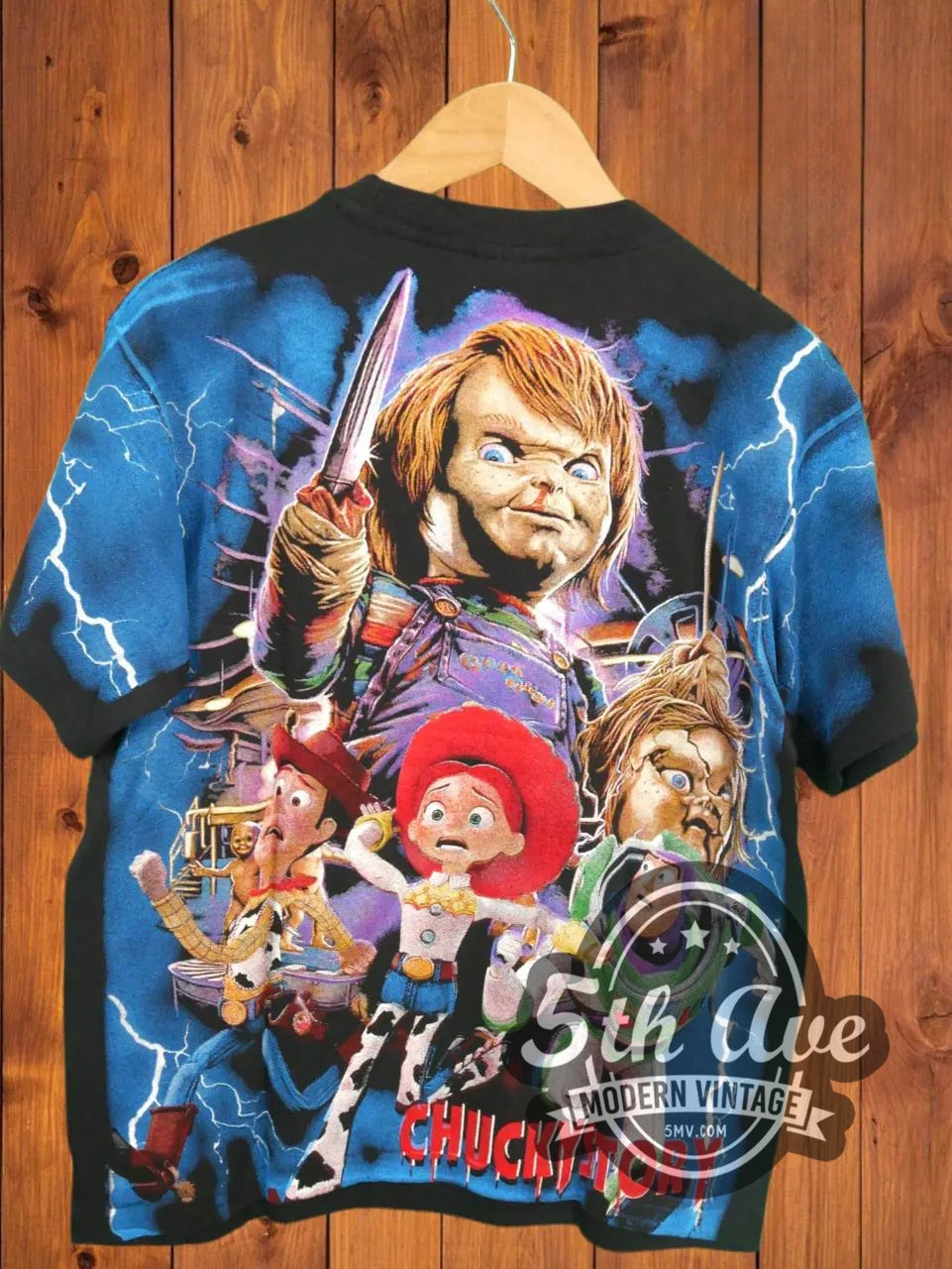 Chucky Story - AOP all over print New Vintage Movie T-Shirt movie t-shirt hanging on a hanger