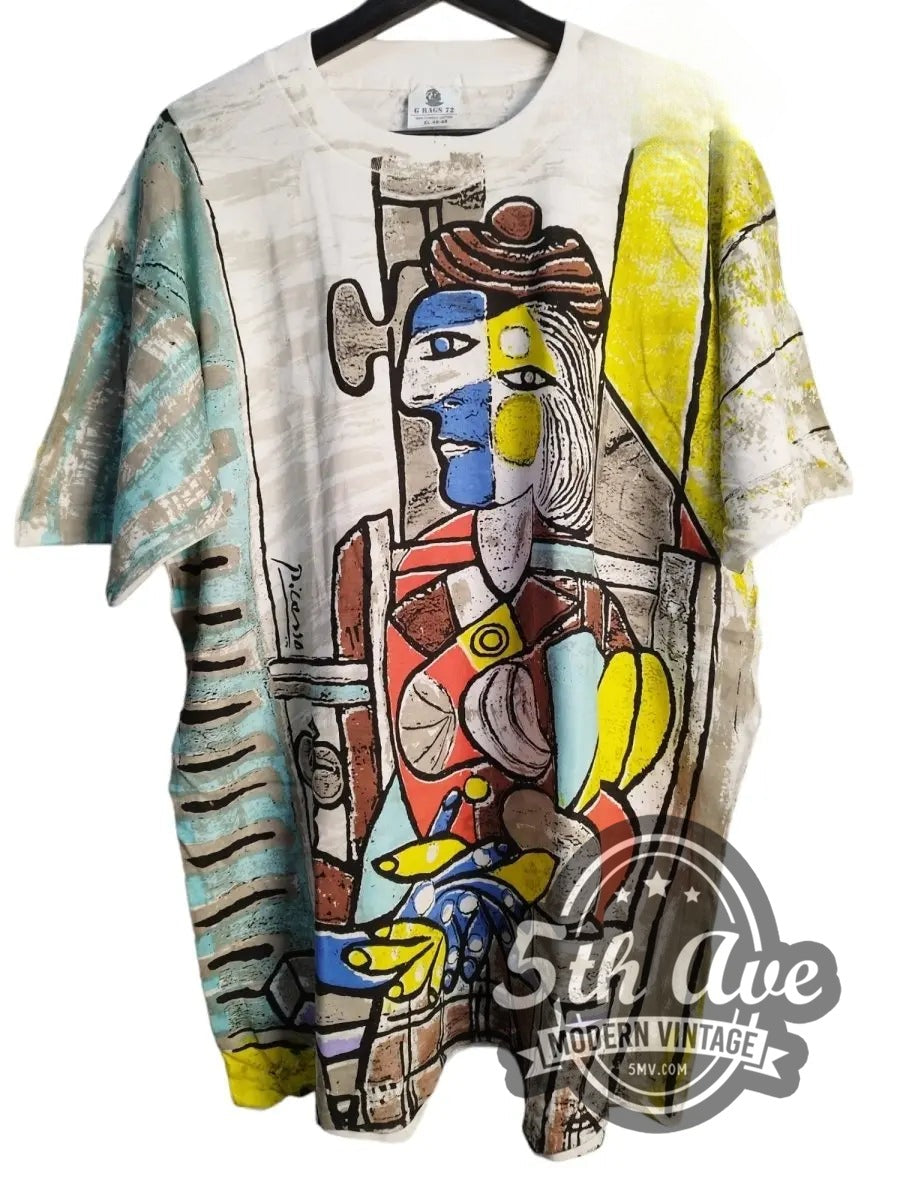 Picasso Hand Made OVP all-over-print vintage graphic tee, front view on a display rack
