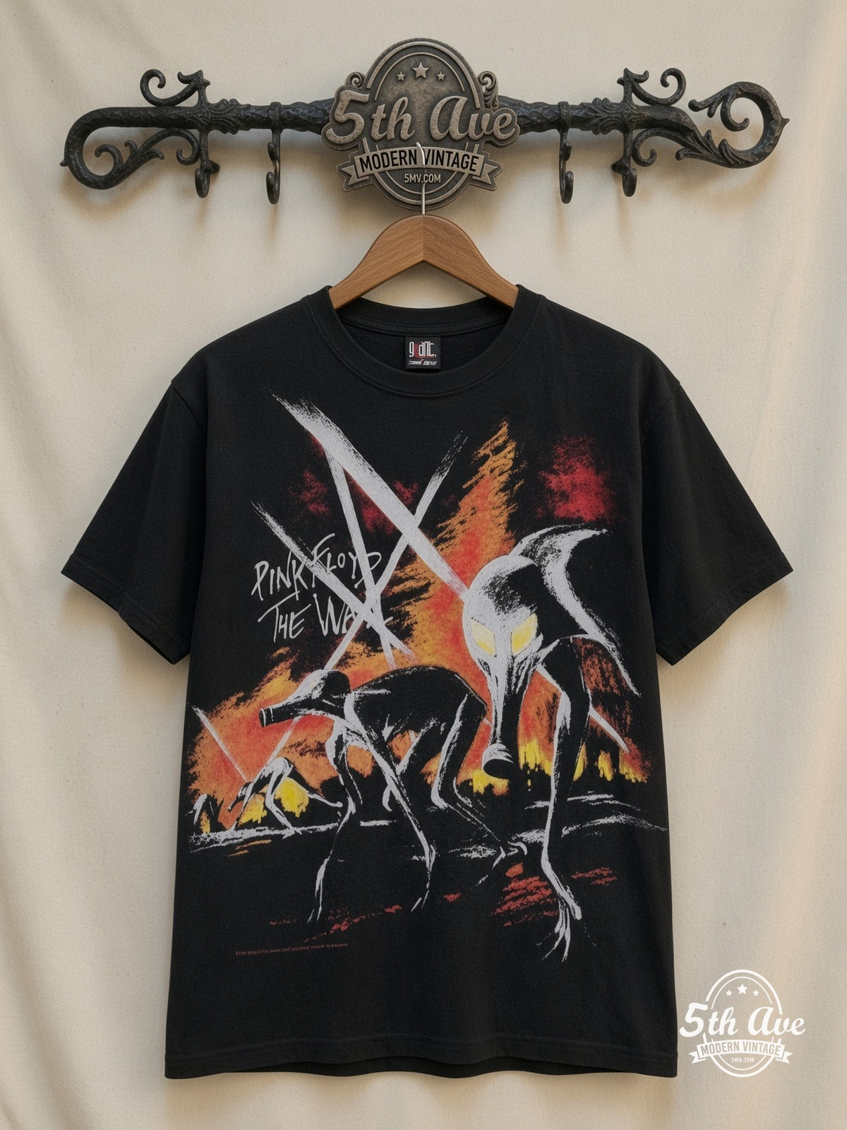 Pink Floyd The Wall Hammers all over print vintage band t-shirt front on cream 5th Ave rack