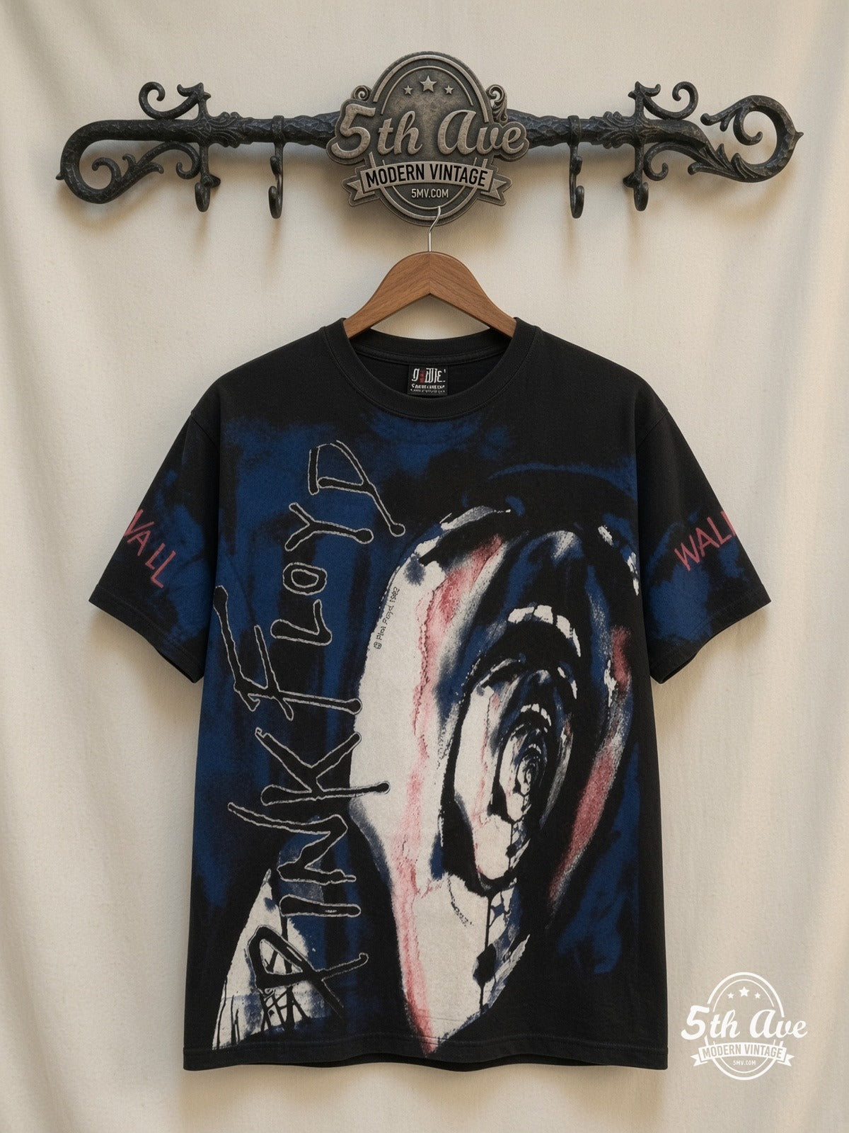 Pink Floyd The Wall Scream all over print vintage band t-shirt front on cream 5th Ave rack