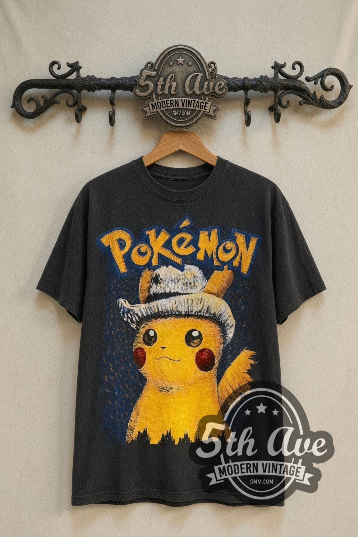 Pokémon Van Gogh Pikachu & Eevee anime tee front on 5th Ave iron rack
