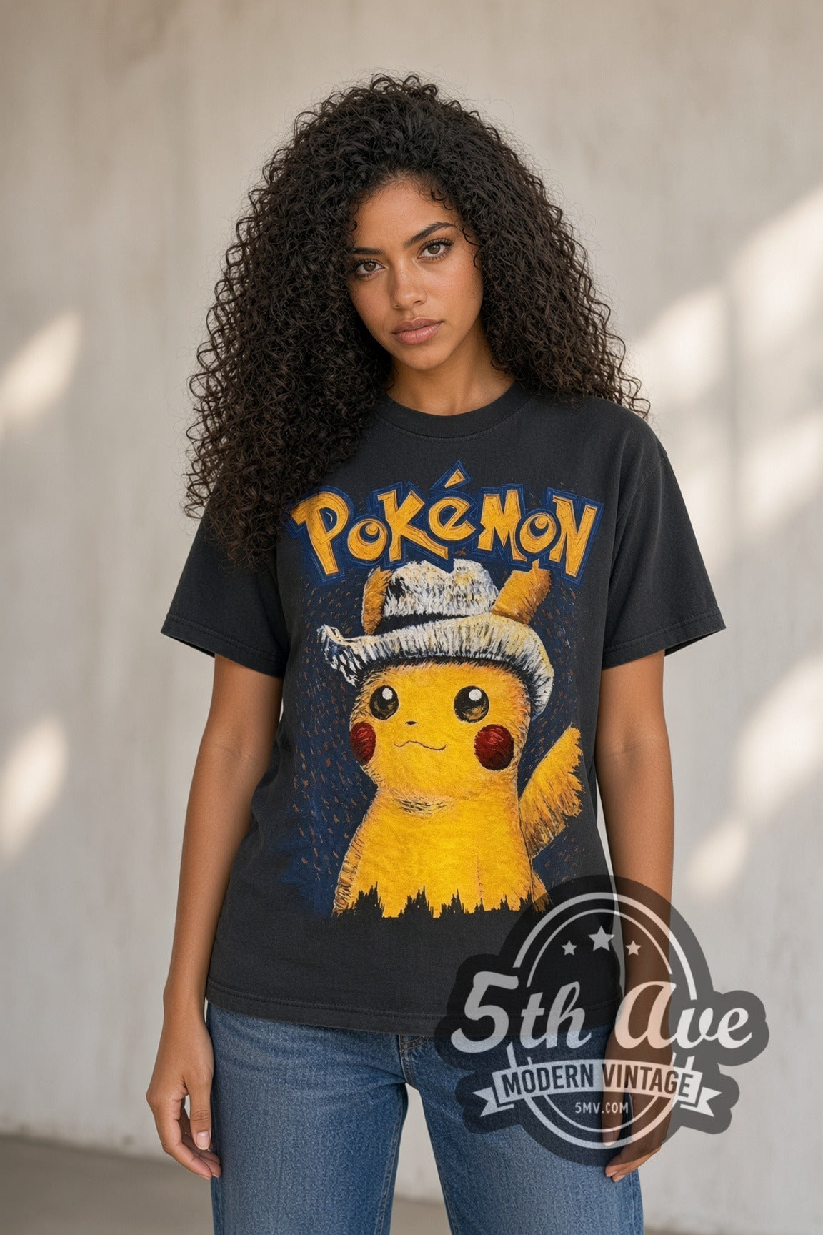 Woman wearing faded black Pokémon Van Gogh Pikachu & Eevee vintage anime tee