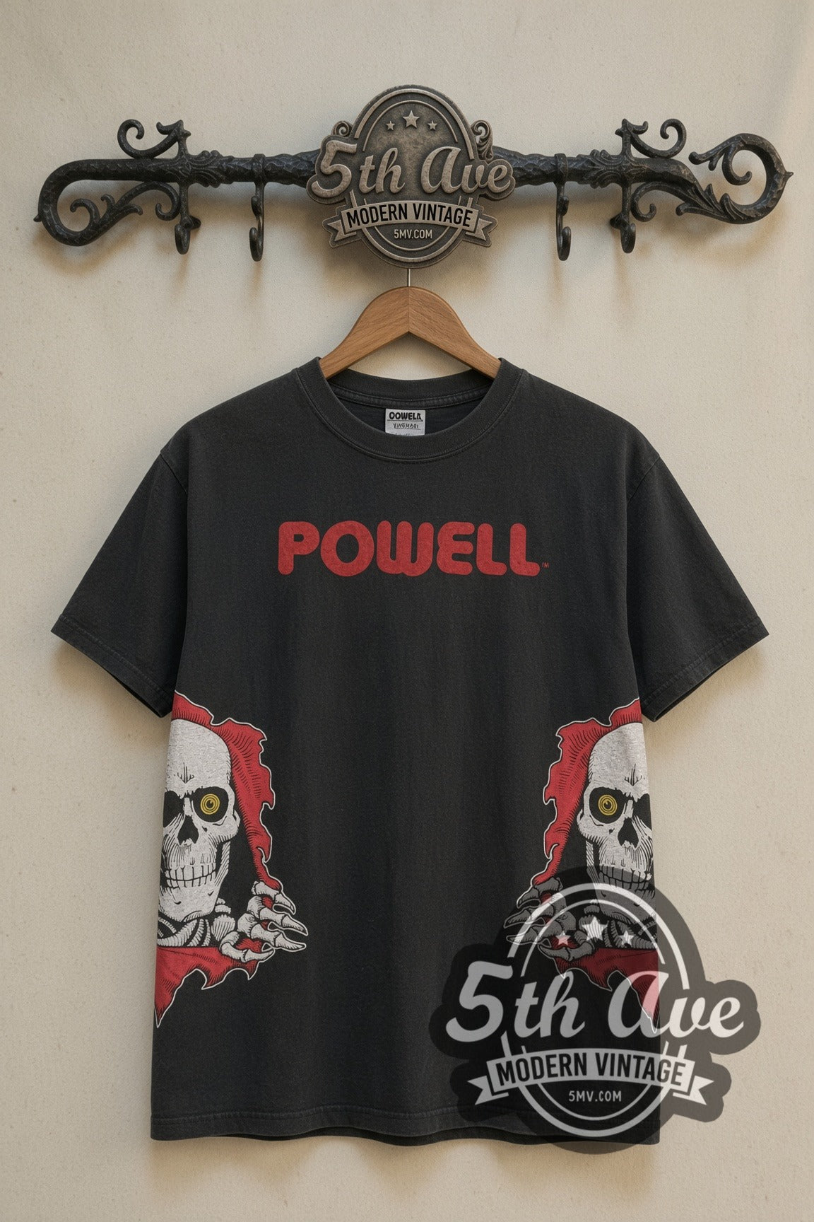 Powell Peralta Ripper skull side print graphic tee front on cream 5th Ave rack