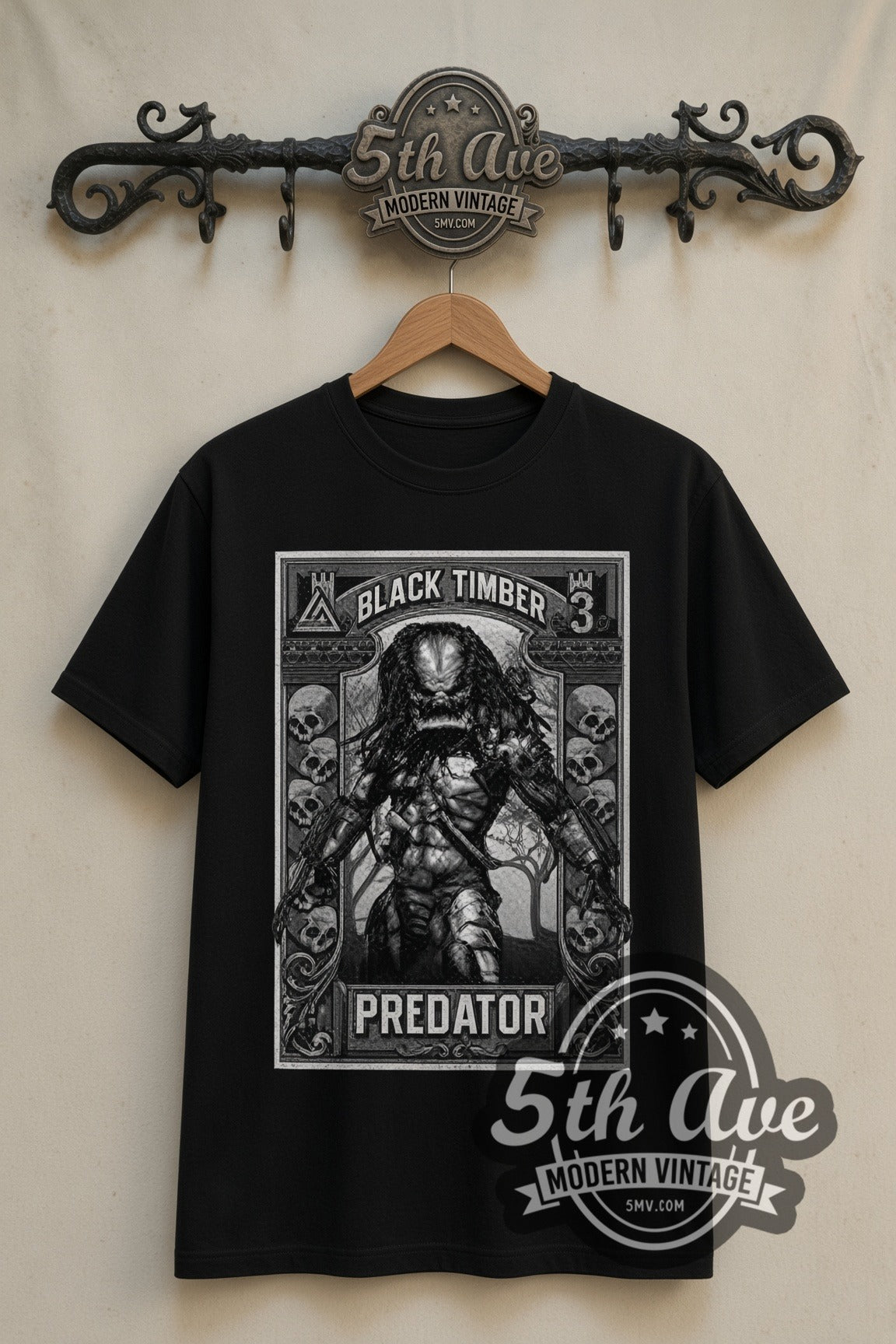 Predator Black Timber Frame Full Body double stitched black tee front on dark iron 5th Ave rack