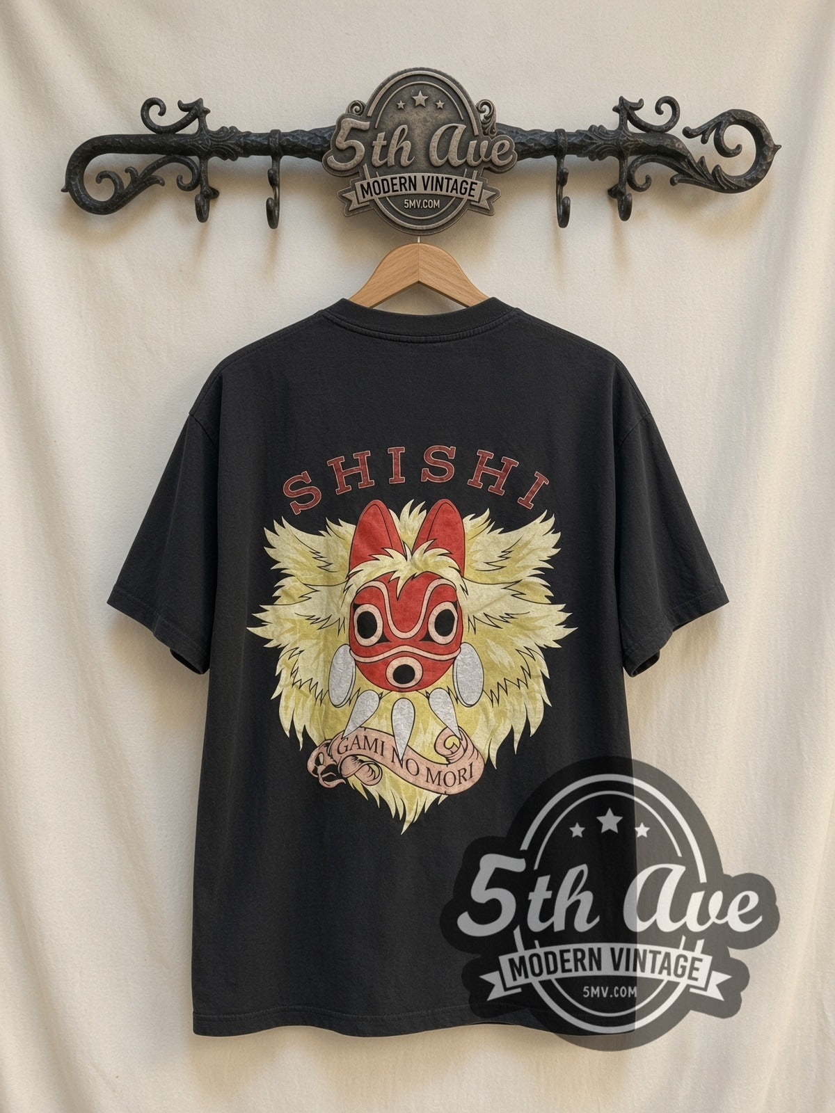 Princess Mononoke Wolf Gods / Shishi vintage anime t-shirt, back view on a display rack