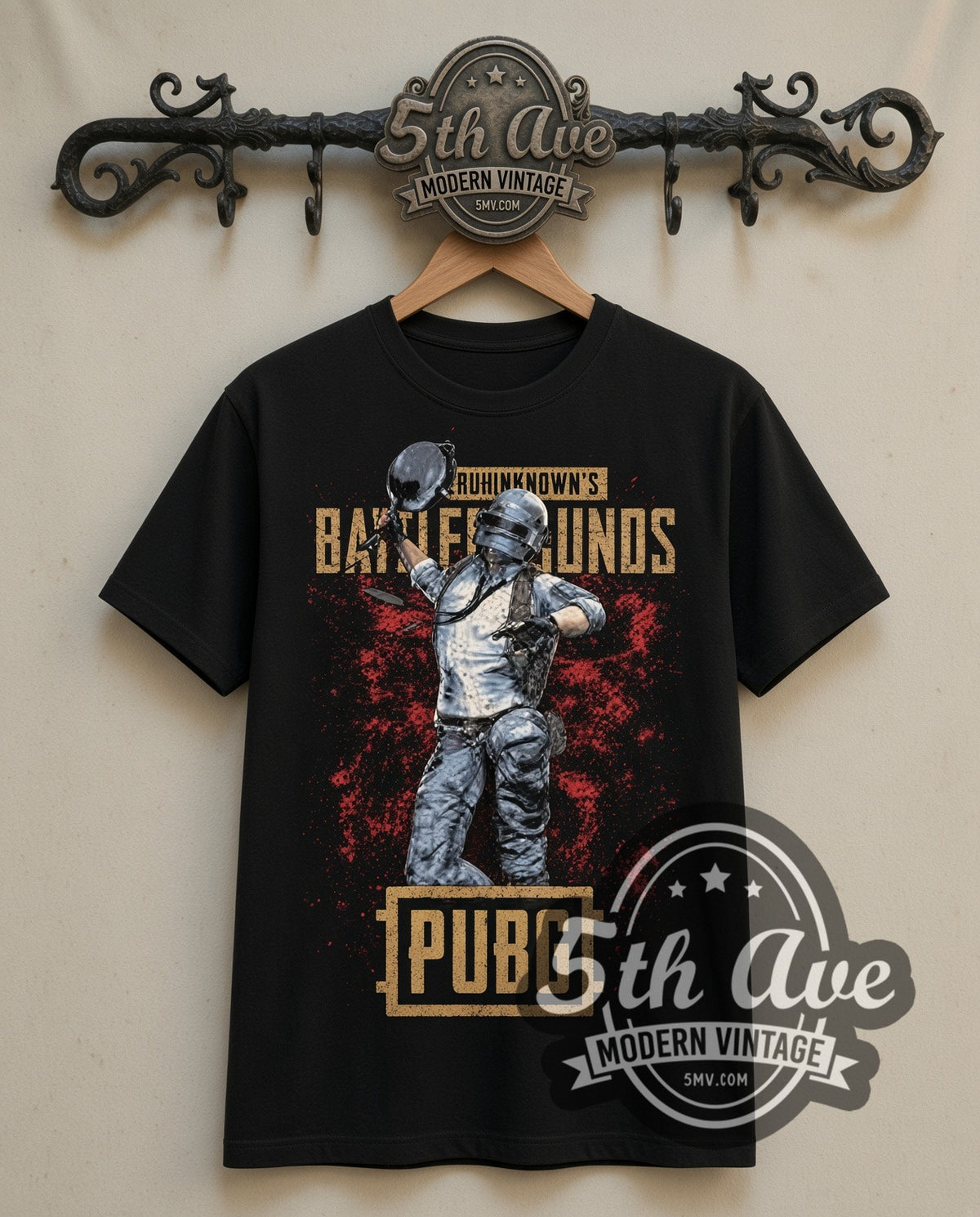 PUBG Helmeted Player double stitched black tee front on dark iron 5th Ave rack