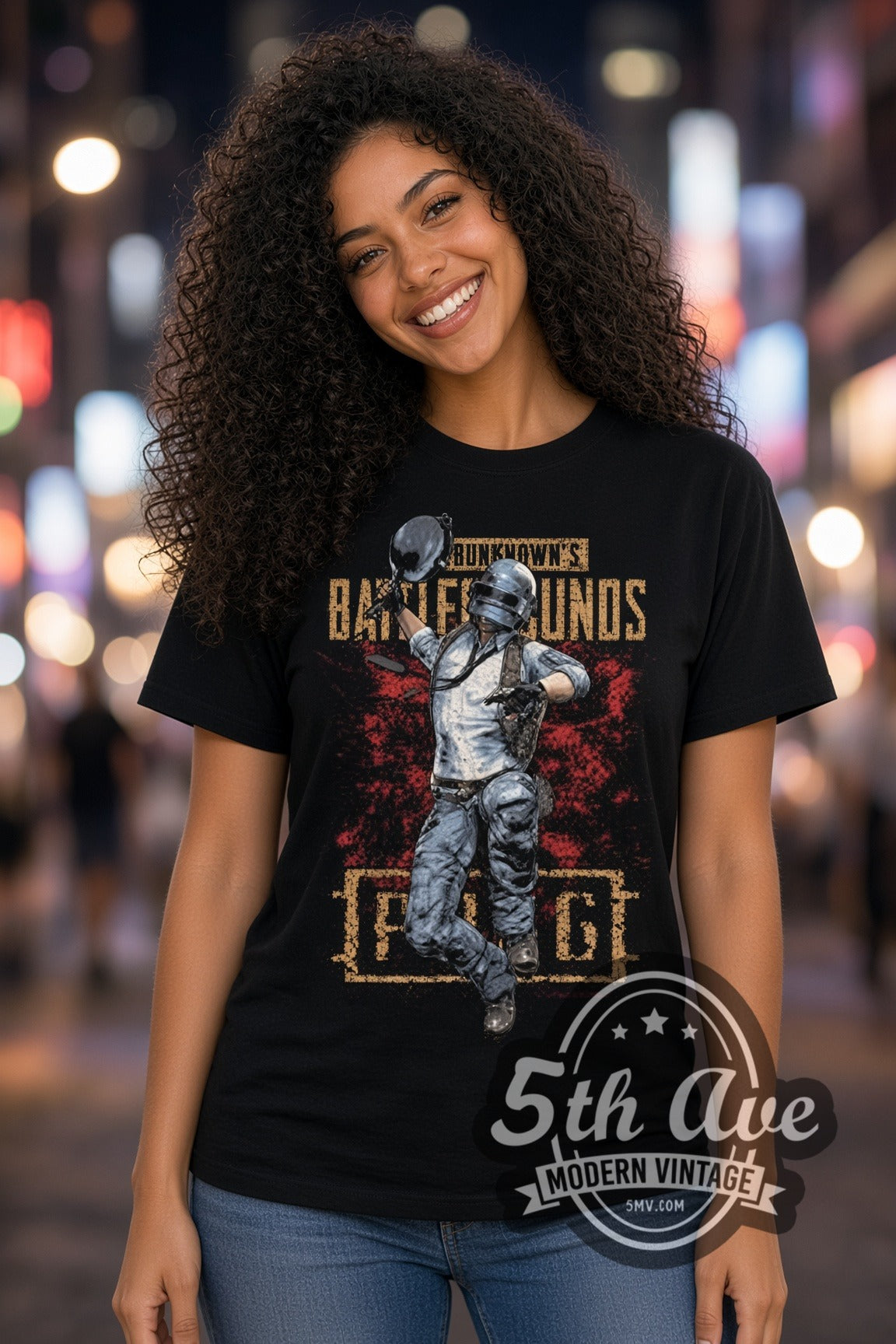 Woman wearing PUBG Helmeted Player double stitched black graphic tee