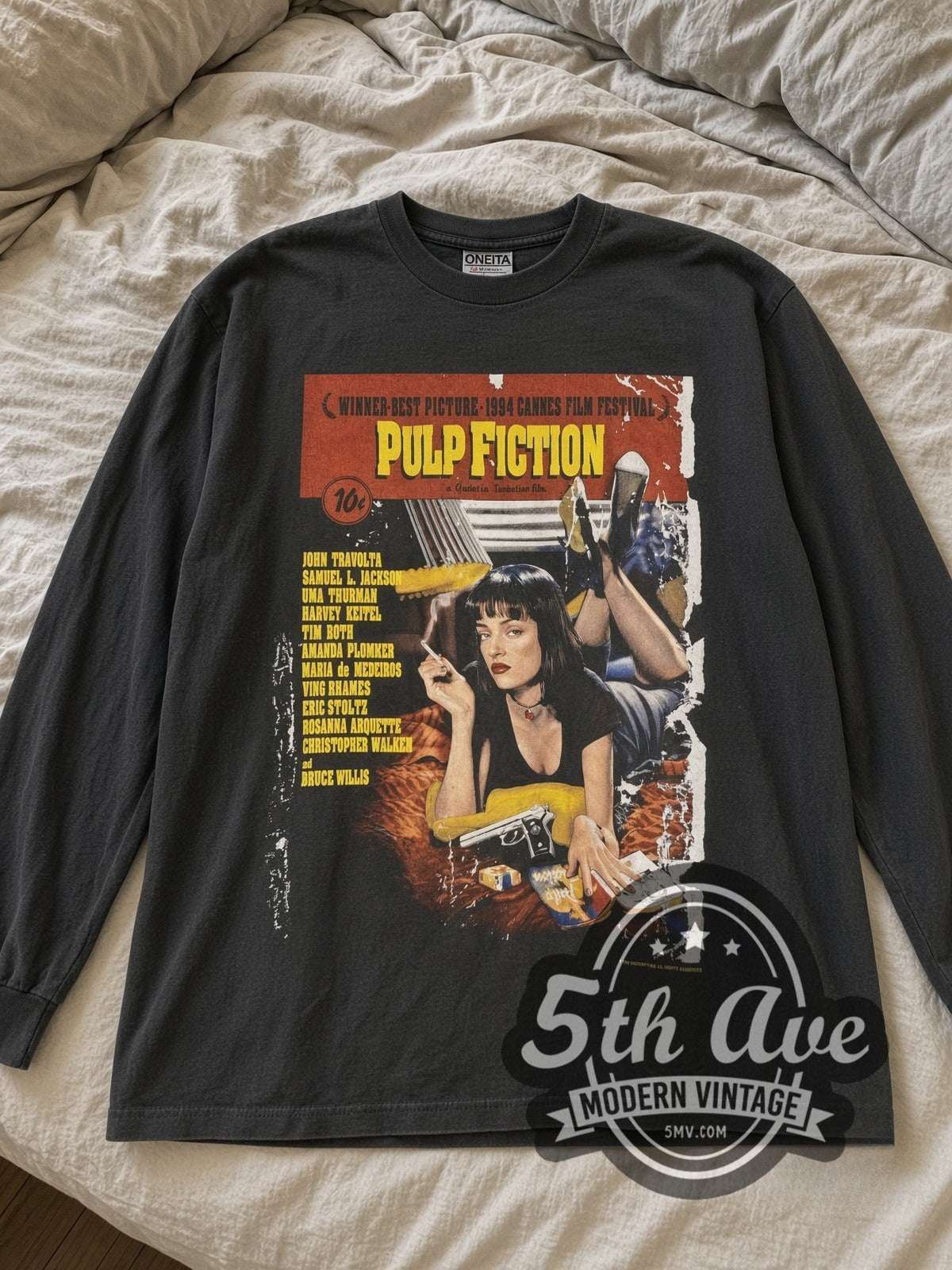 Pulp Fiction Cannes Winner / Uma Mia vintage movie long sleeve tee laid flat