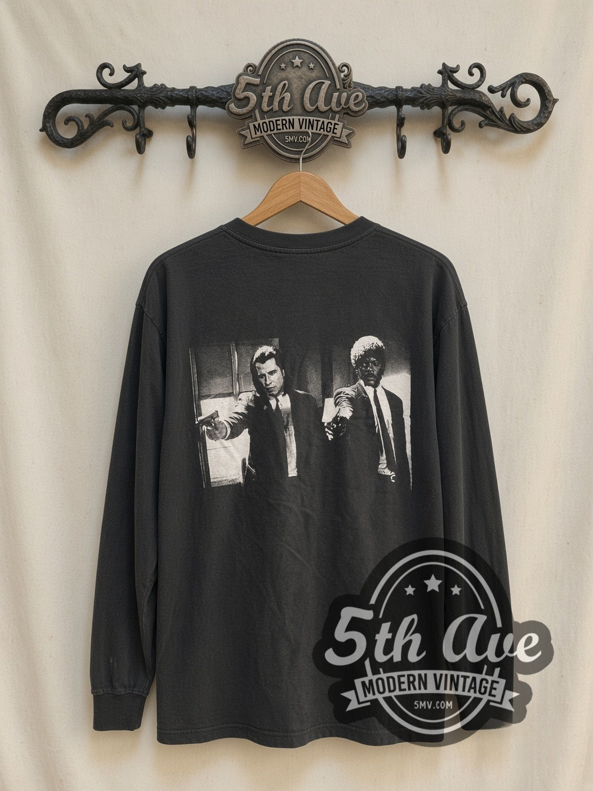 Pulp Fiction Cannes Winner / Uma Mia vintage movie long sleeve t-shirt, back view on a display rack