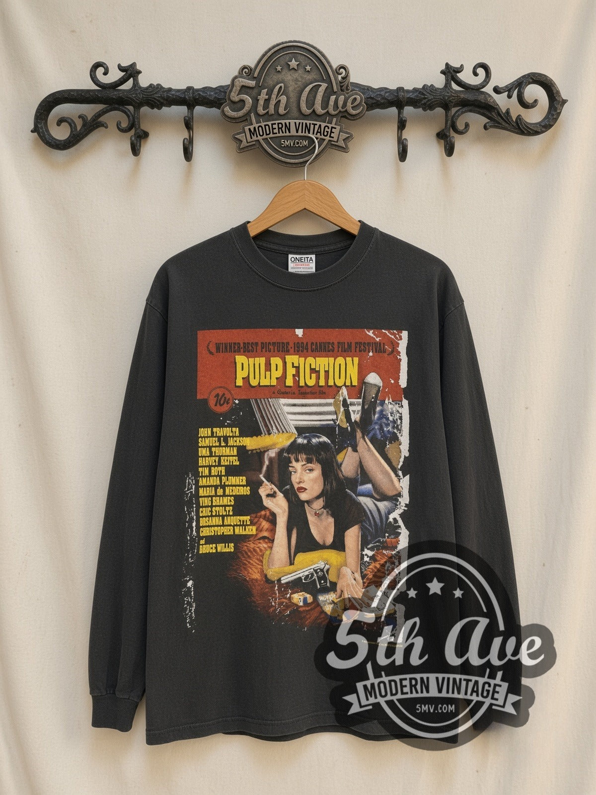 Pulp Fiction Cannes Winner / Uma Mia vintage movie long sleeve t-shirt, front view on a display rack