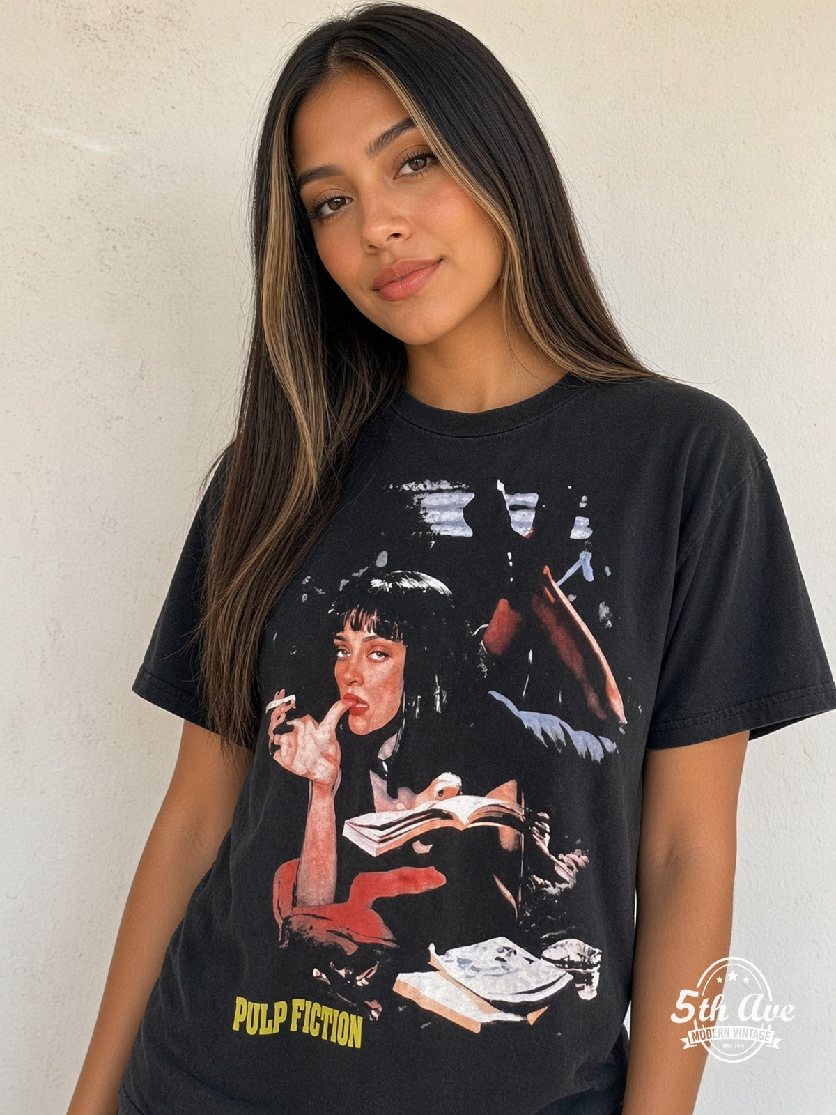 Model wearing Pulp Fiction Mia Wallace Poster vintage t-shirt