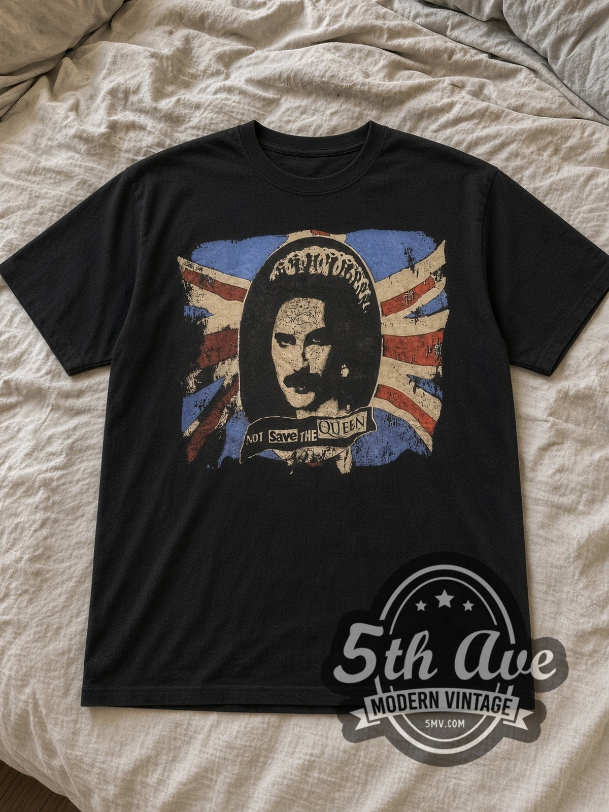Black Queen Not Save The Queen Punk Parody Vintage Band T-Shirt laid flat on a linen bed