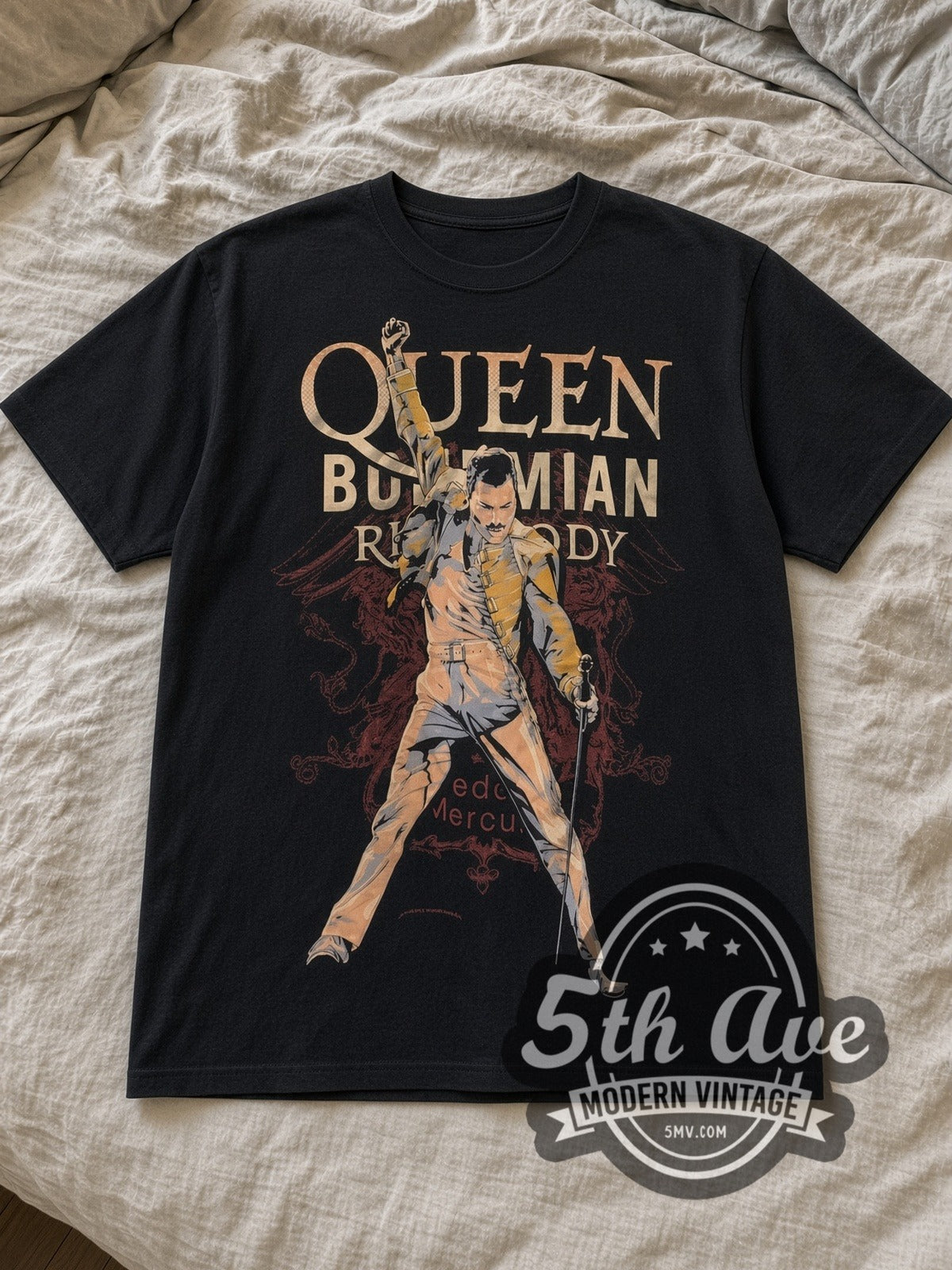 Black Queen Bohemian Rhapsody Freddie Yellow Jacket Vintage Band T-Shirt laid flat on a linen bed