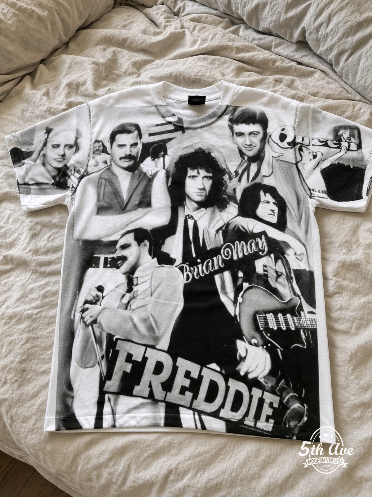 Queen Freddie Mercury Collage all over print vintage tee laid on bed