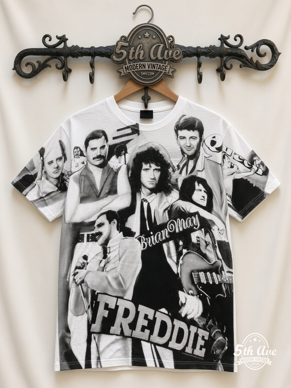 Queen Freddie Mercury Collage all over print vintage band t-shirt front on cream 5th Ave rack