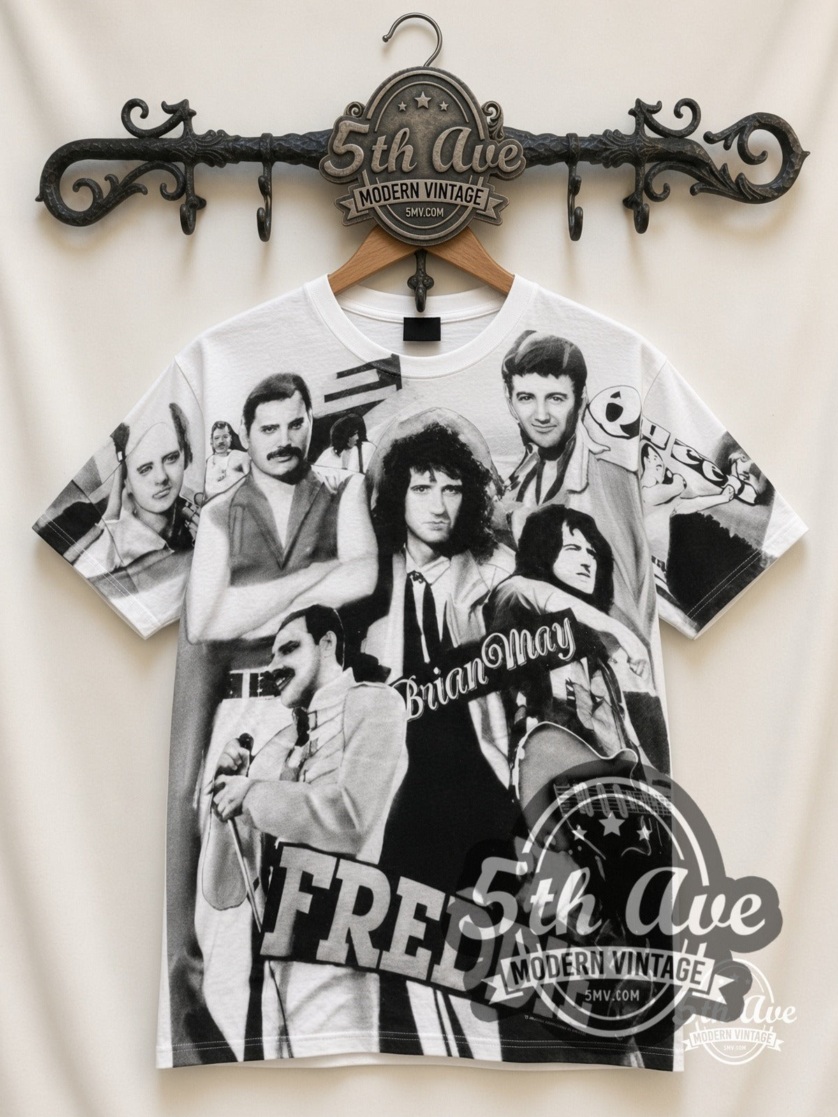 Queen Freddie Mercury Collage all-over-print vintage band t-shirt in white, front view on a display rack