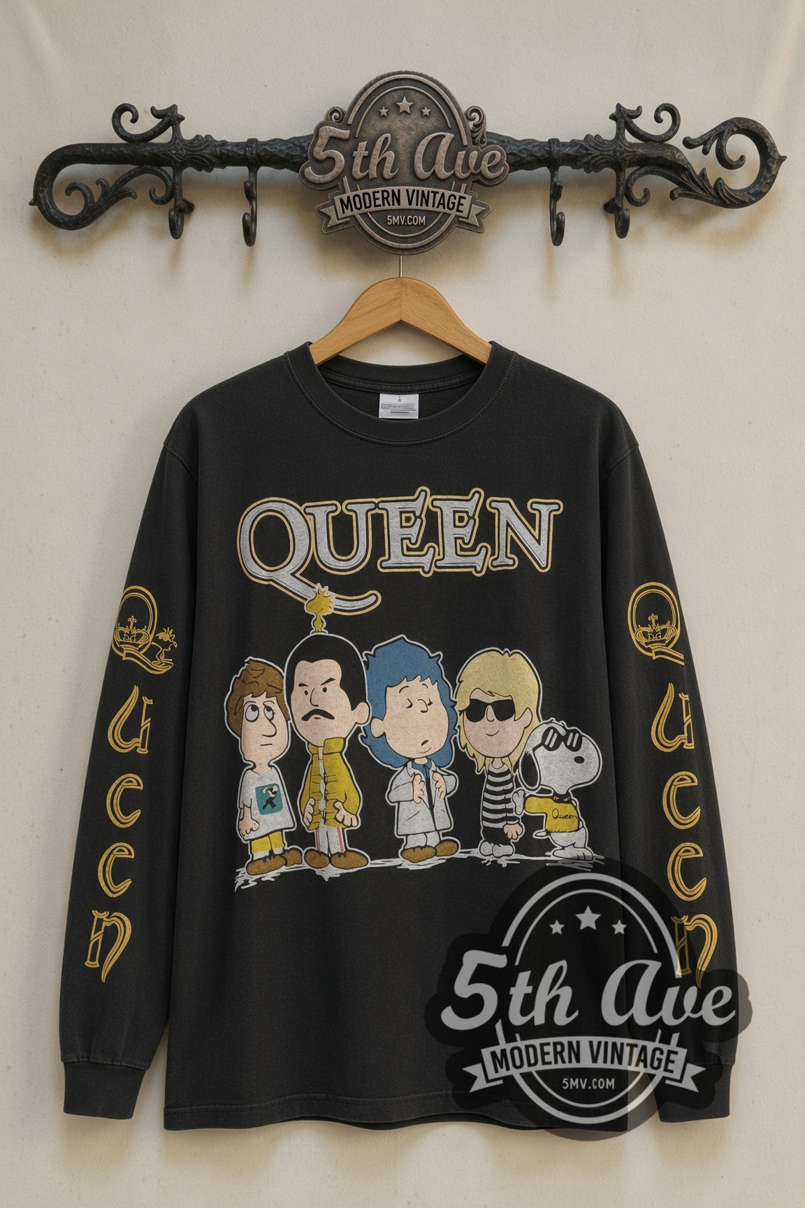 Queen x Peanuts cartoon band long sleeve t-shirt front on cream 5th Ave rack