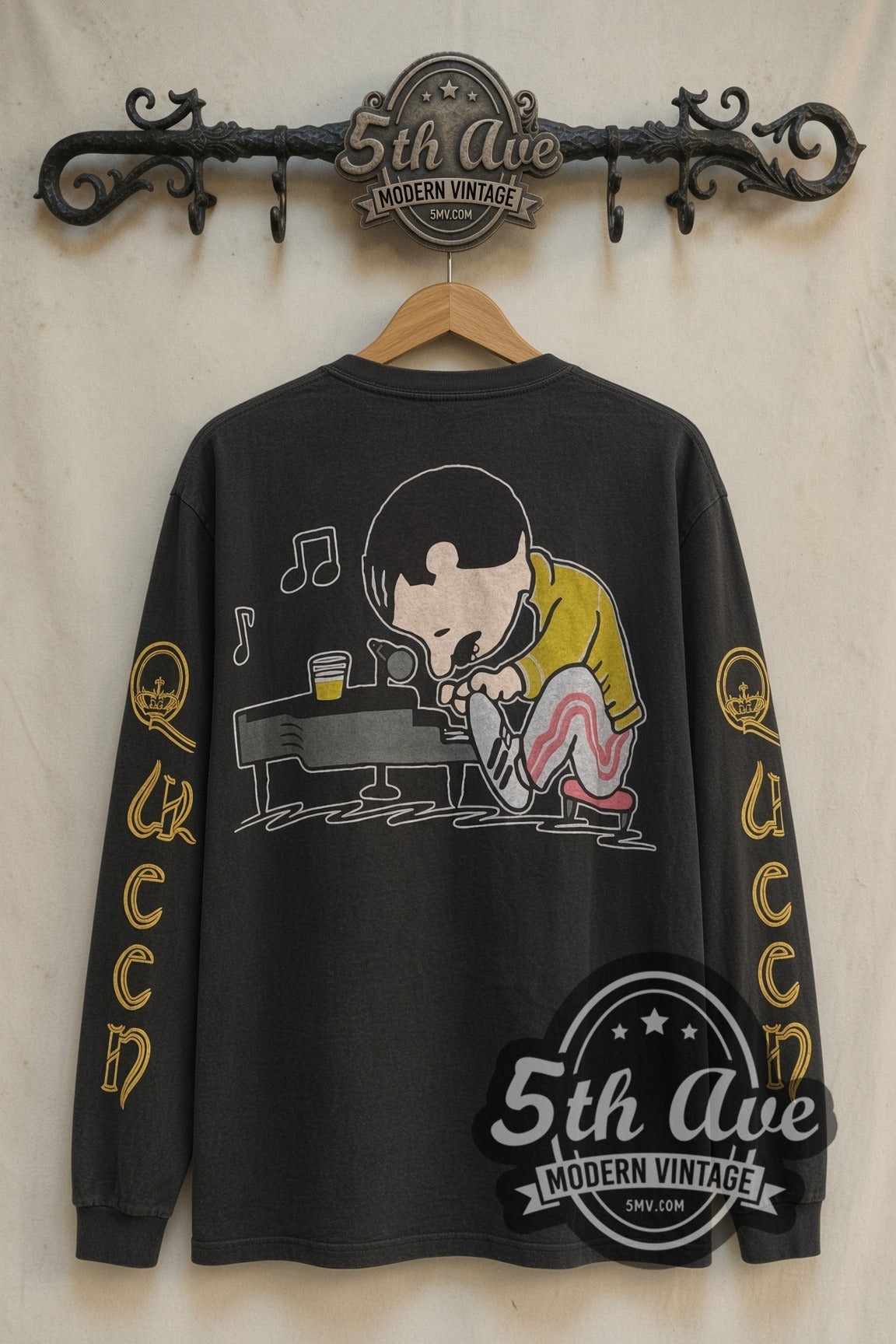 Queen long sleeve back with Peanuts Freddie Mercury at the piano on rack