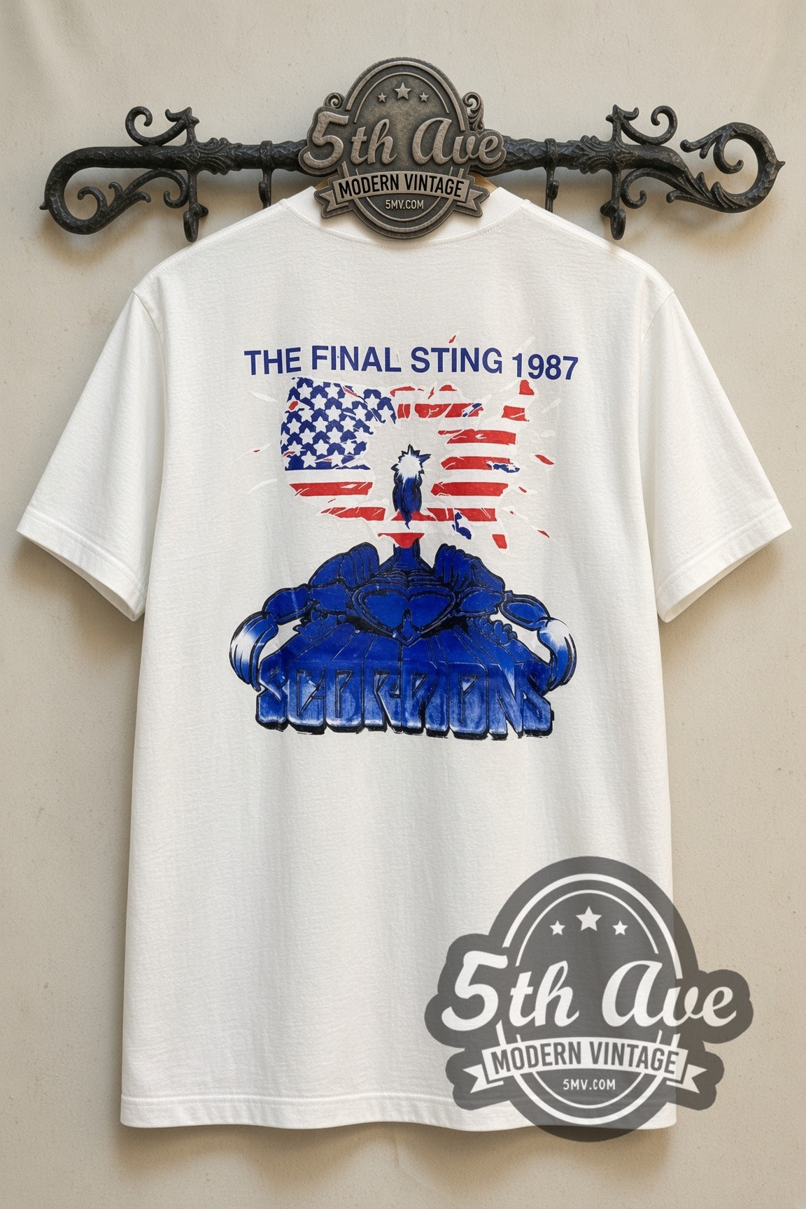 Scorpions the Final Sting 1987 vintage band t-shirt, back view on a display rack