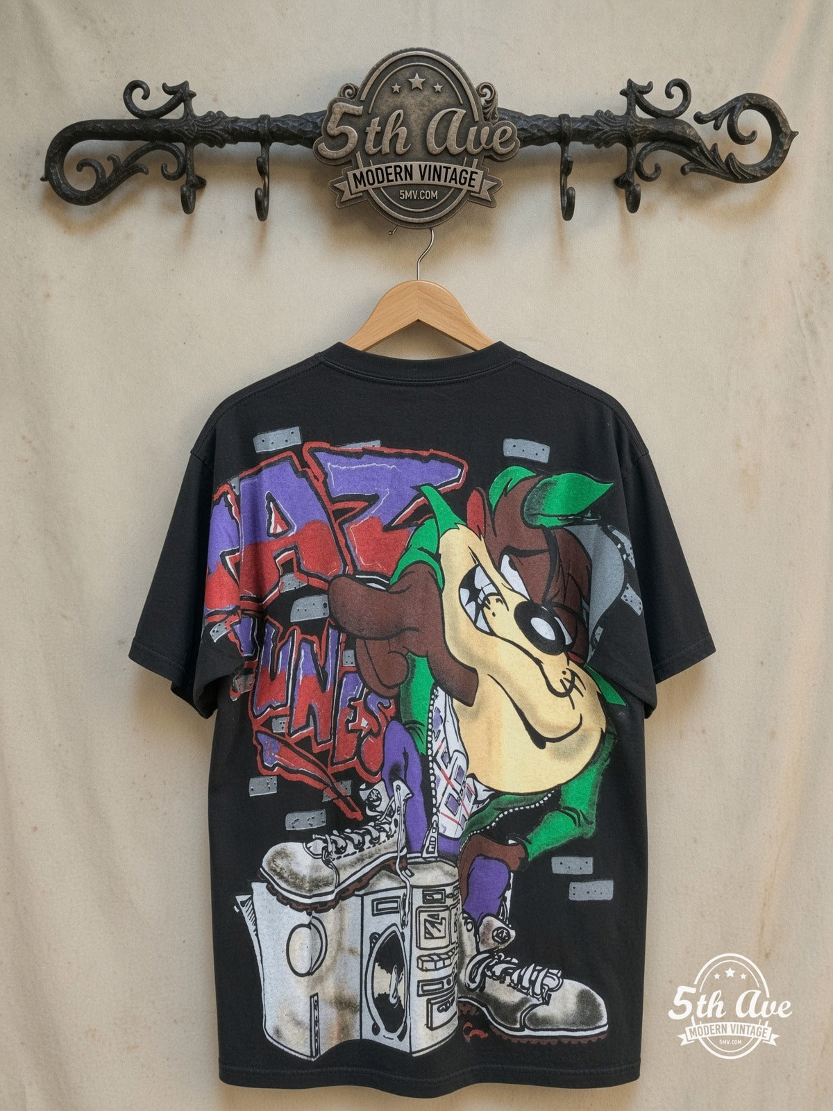 Looney Tunes – Taz-Mania Wild Style – All Over Print – New Vintage Graphic Tee — back on locked cream ornate 5th Ave rack
