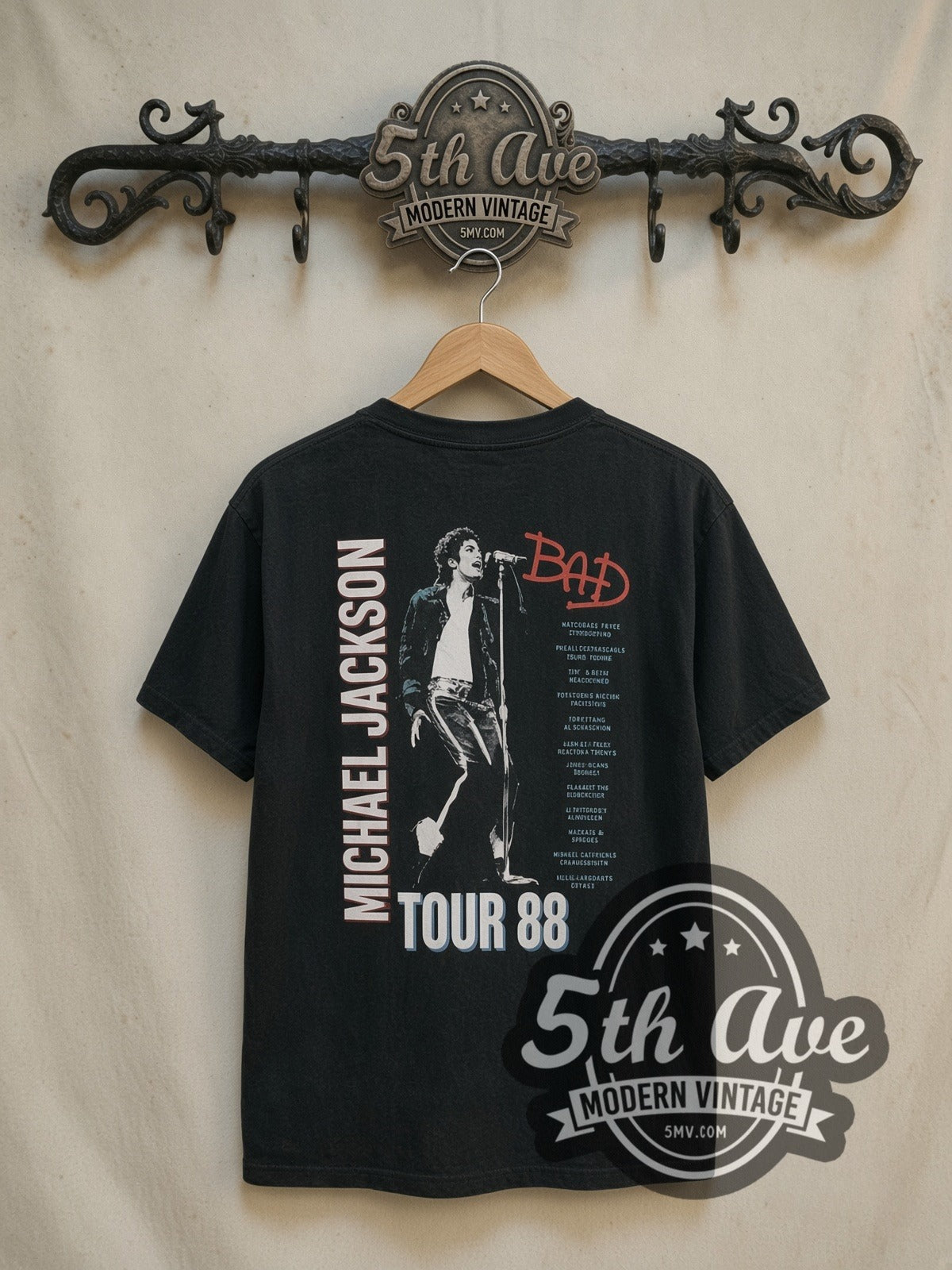 Michael Jackson 1988 Bad Tour vintage band t-shirt, back view on a display rack