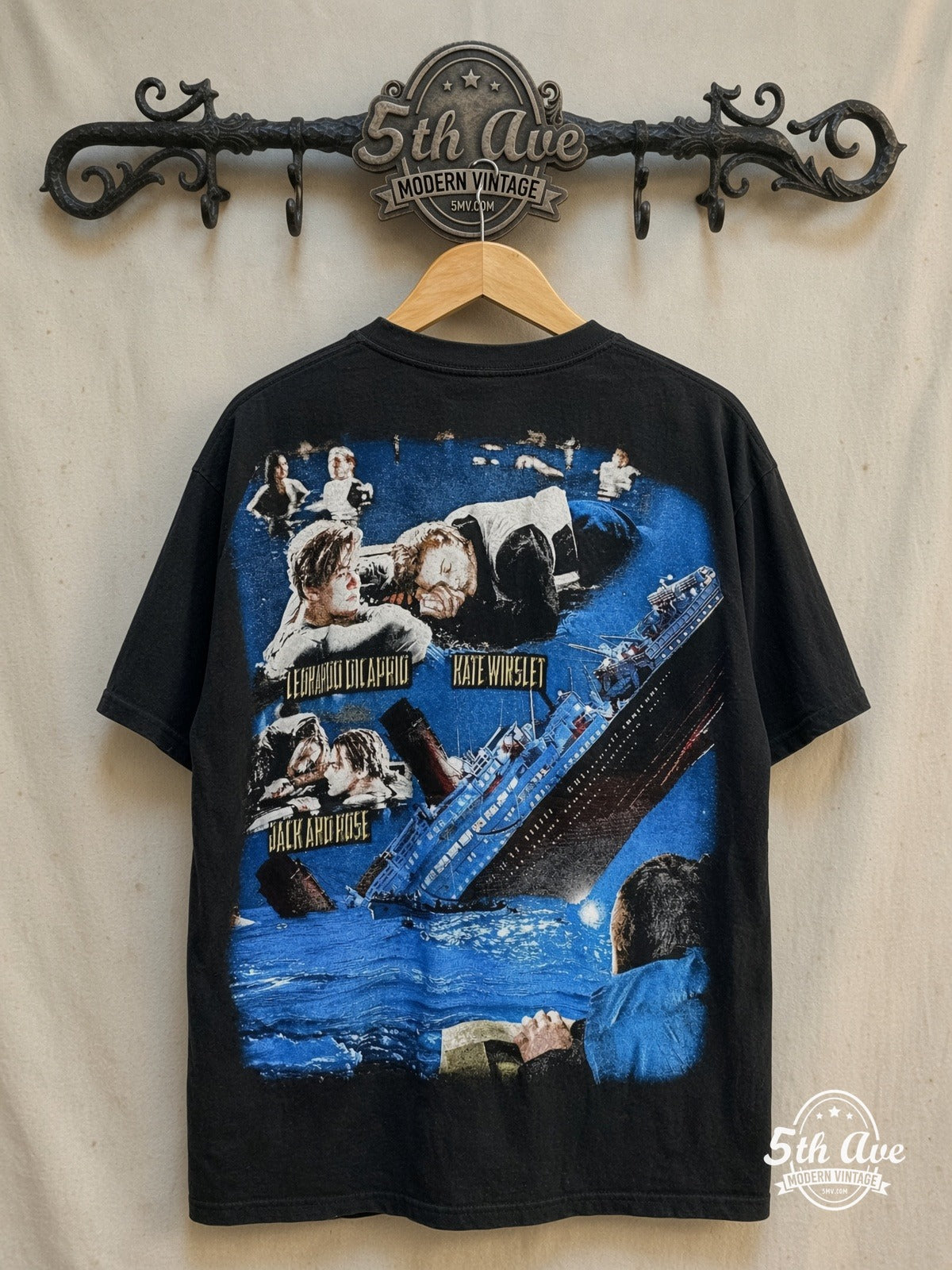 Titanic all-over-print movie tee, back view on a display rack