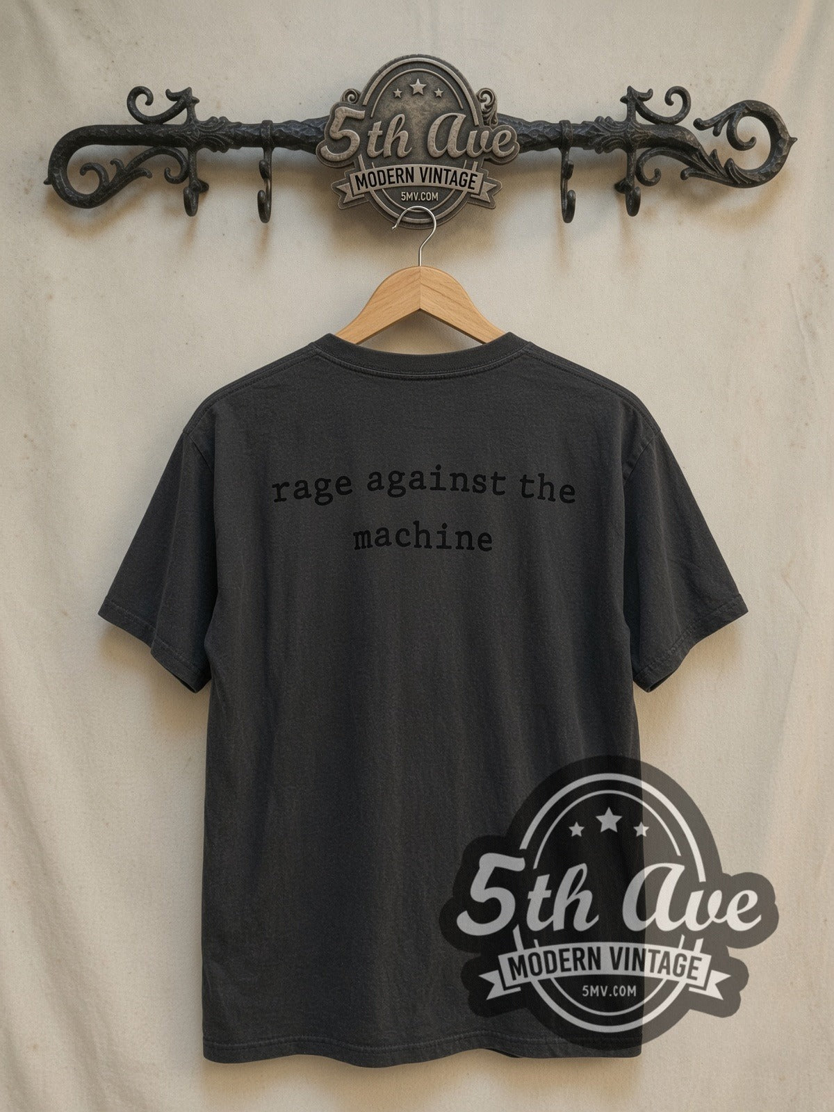 Rage Against the Machine The Battle of Los Angeles White Fist vintage band t-shirt in white, back view on a display rack