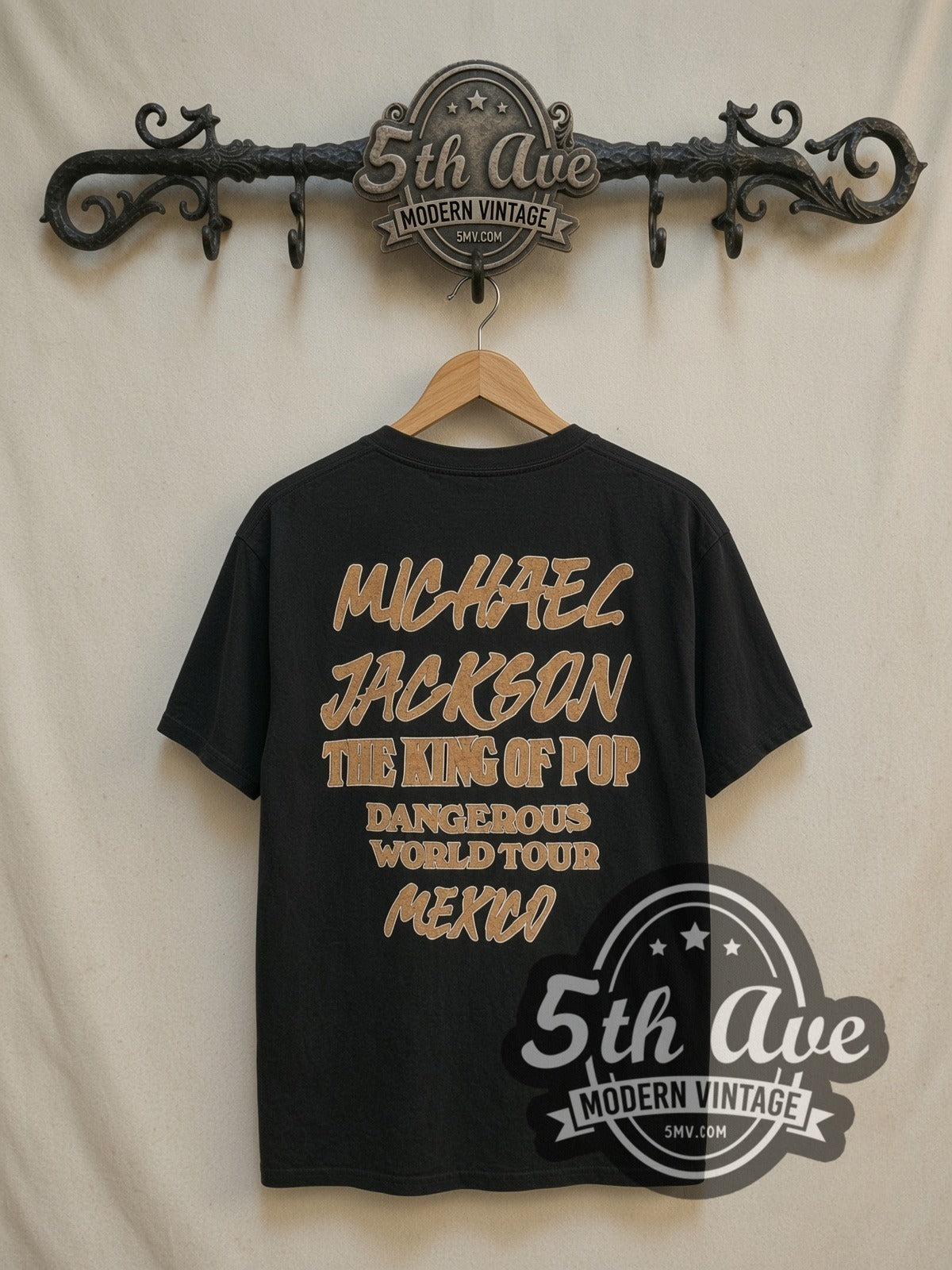 Michael Jackson Dangerous World Tour Mexico Sunglasses vintage band t-shirt, back view on a display rack