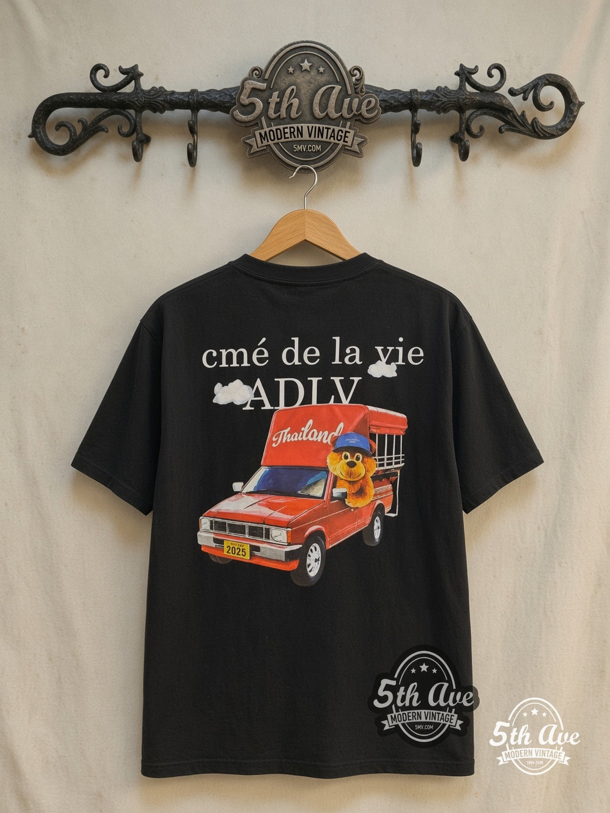 Acmé de la vie – Red Mini Bus Thailand – Vintage Graphic Tee — back on locked cream ornate 5th Ave rack