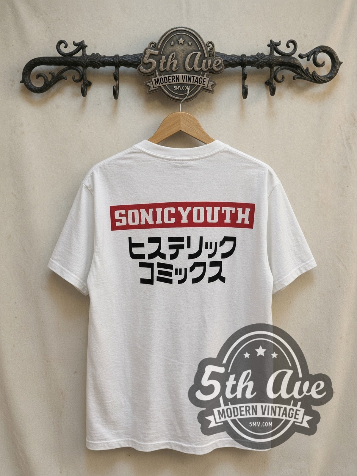 Sonic Youth Astronauts Japan Tour vintage band t-shirt in white, back view on a display rack