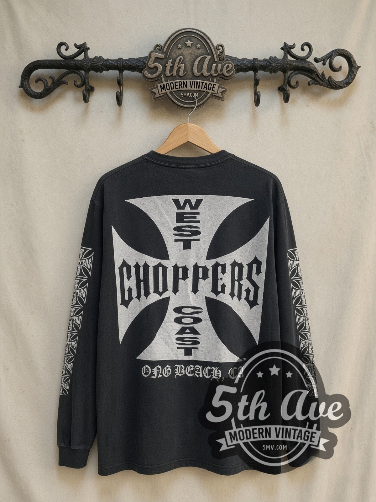 West Coast Choppers Long Beach California vintage graphic long sleeve t-shirt, back view on a display rack