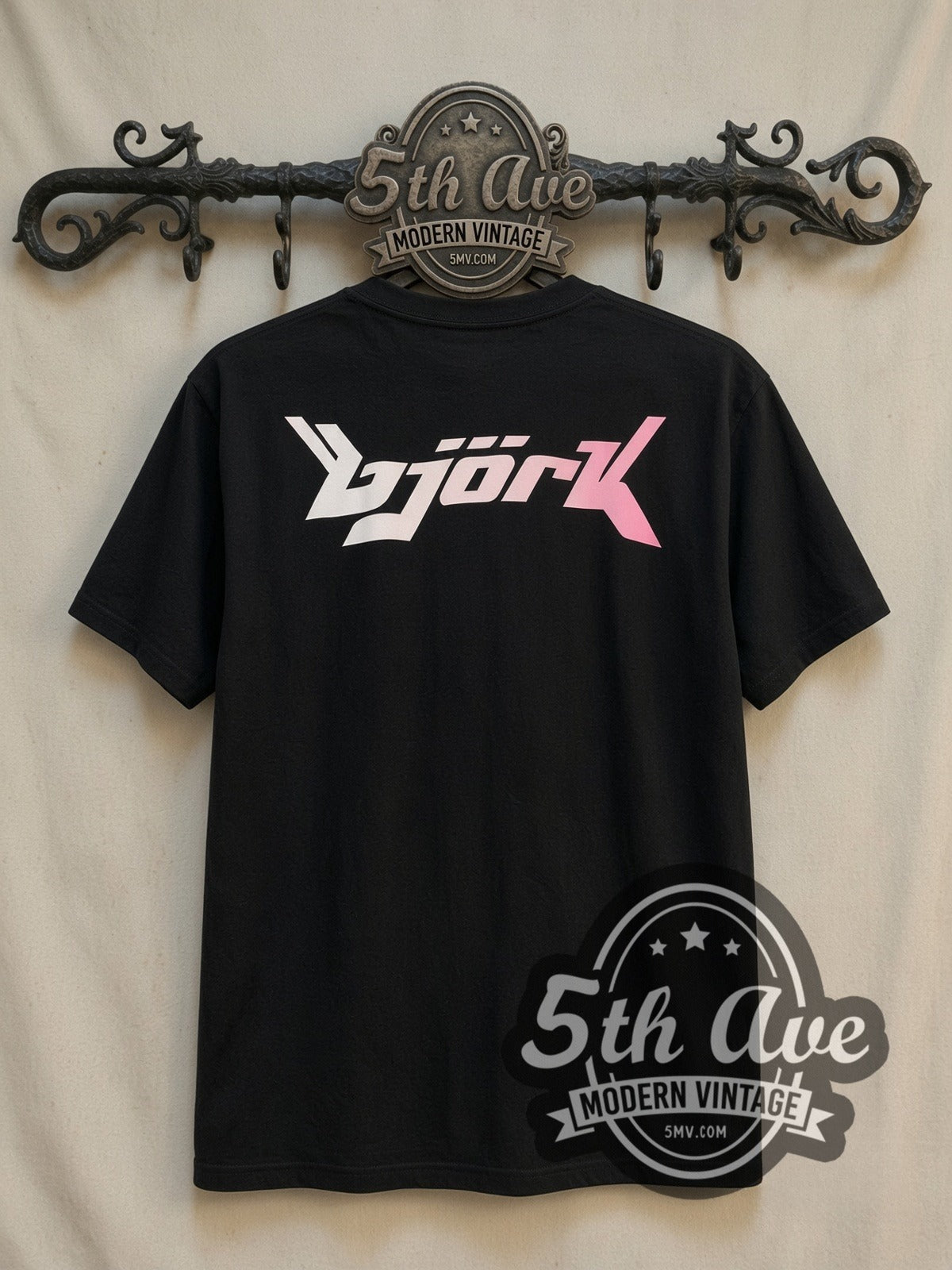 Björk vintage band t-shirt, back view on a display rack