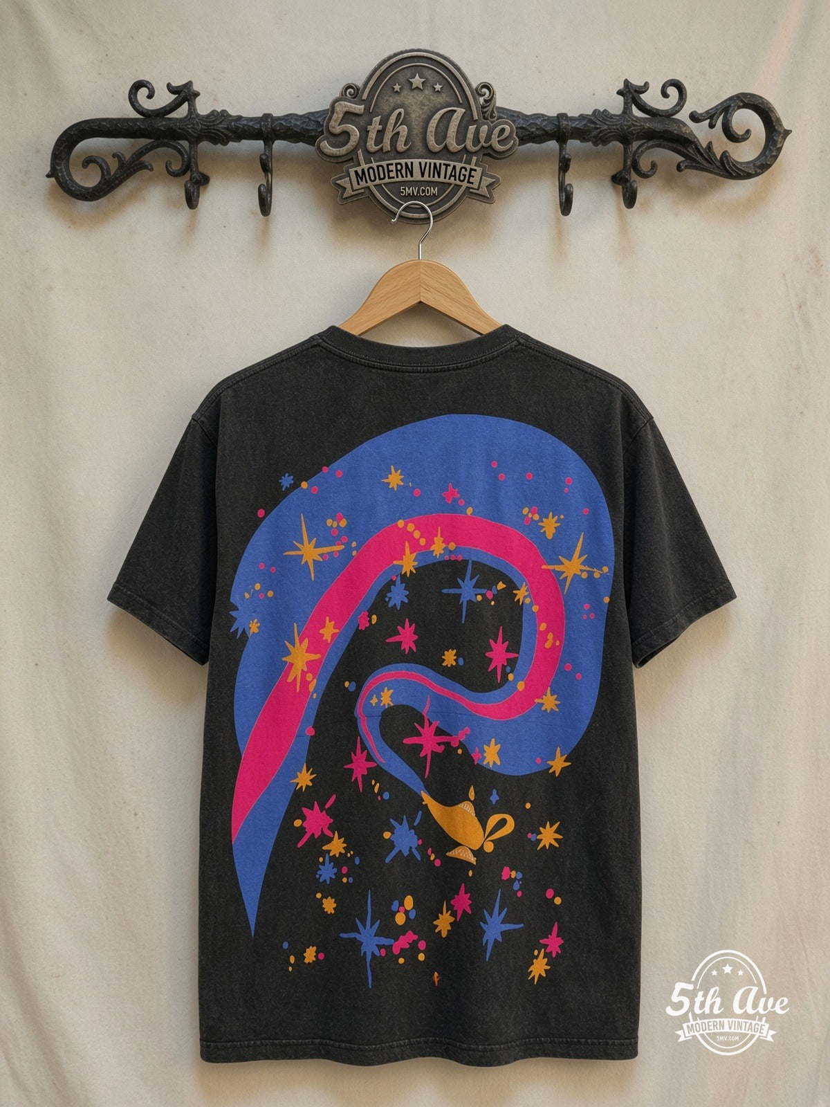 Walt Disney Aladdin Genie - AOP all over print New Vintage Animation T – Shirt – New Vintage Graphic Tee — back on locked cream ornate 5th Ave rack