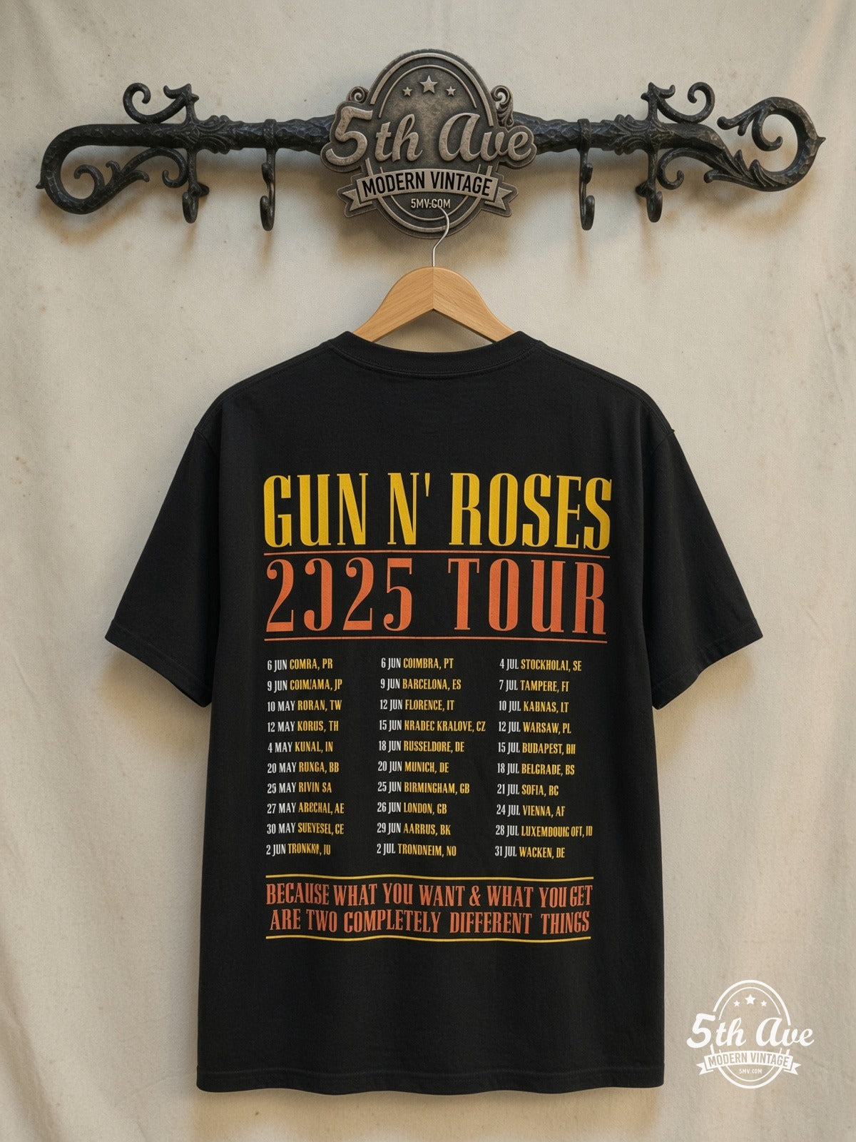 Guns N' Roses – World Tour Bangkok 2025 – Vintage Band T-Shirt — back on locked cream ornate 5th Ave rack