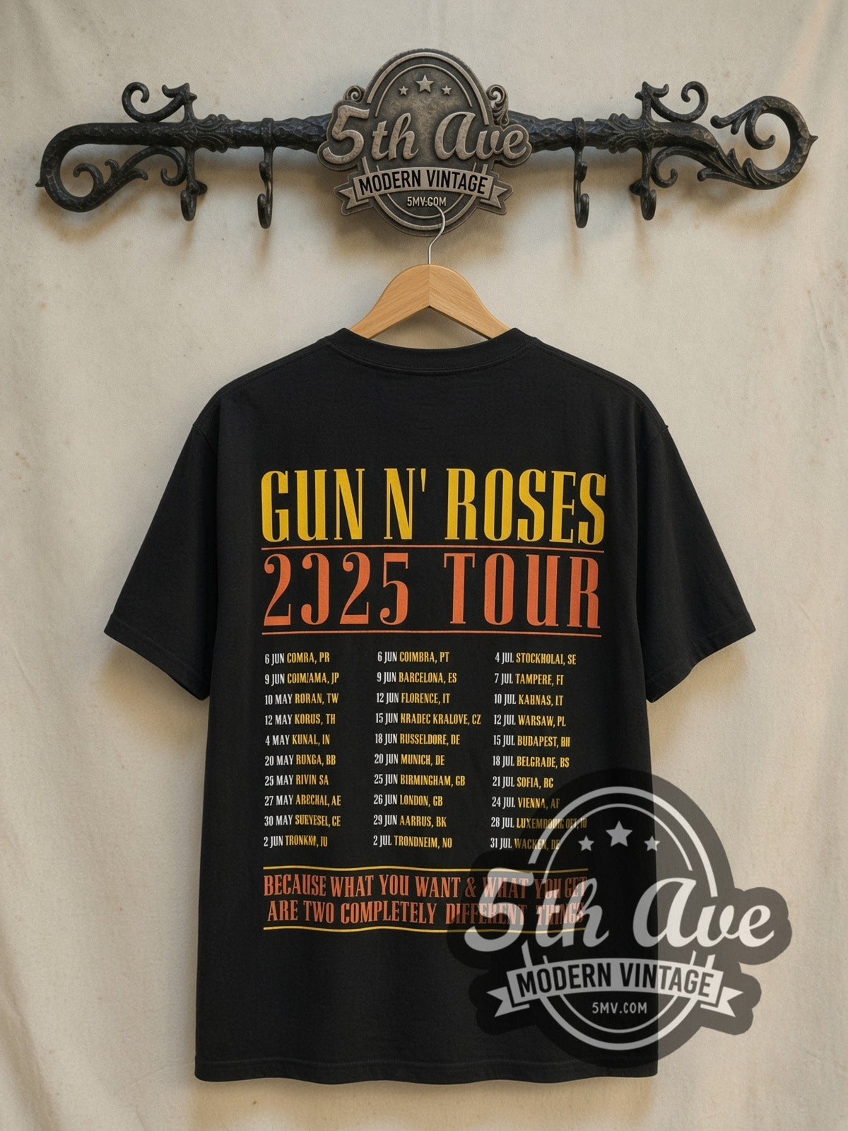 Guns N' Roses World Tour Bangkok 2025 vintage band t-shirt, back view on the 5MV rack