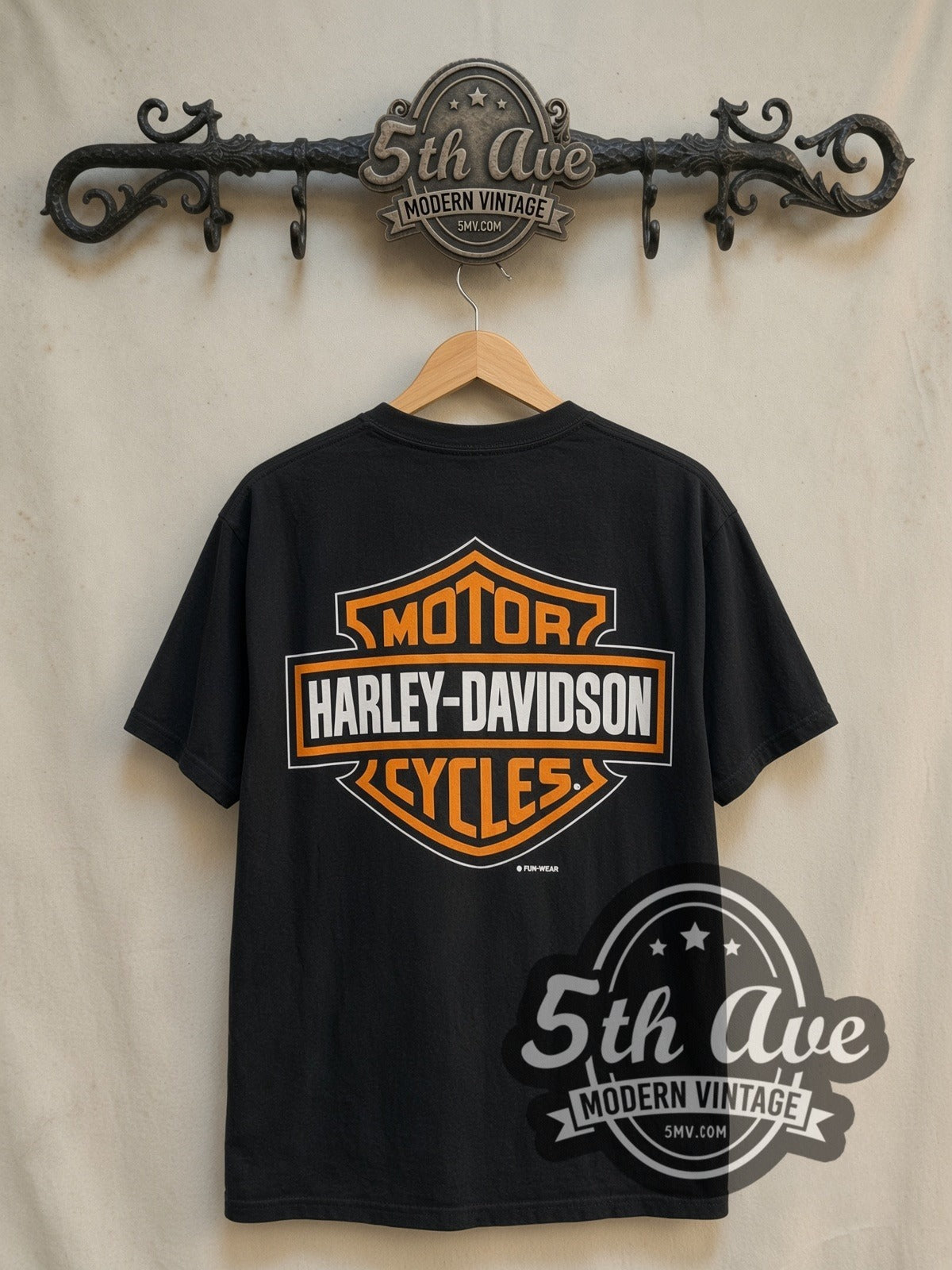 Looney Tunes / Harley-Davidson Roadhog graphic tee in black, back view on a display rack