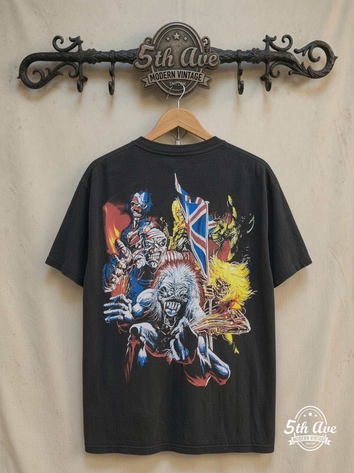 Iron Maiden – Iron Maiden Artwork – All Over Print – Vintage Band T-Shirt — back on locked cream ornate 5th Ave rack