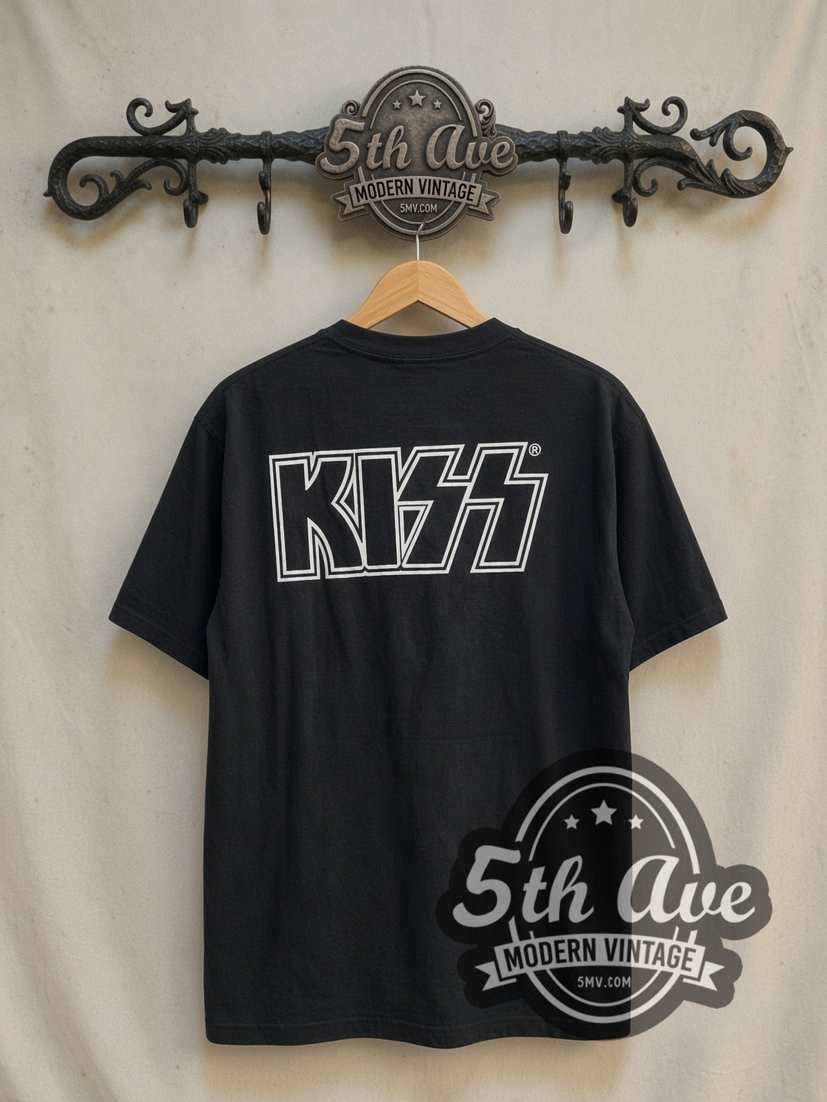 KISS Gene Simmons \m/KIϟϟ\m/ vintage band t-shirt in black, back view on the 5MV rack