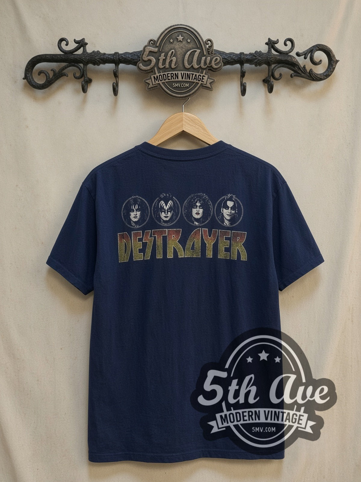 KISS Destroyer vintage band t-shirt, back view on a display rack