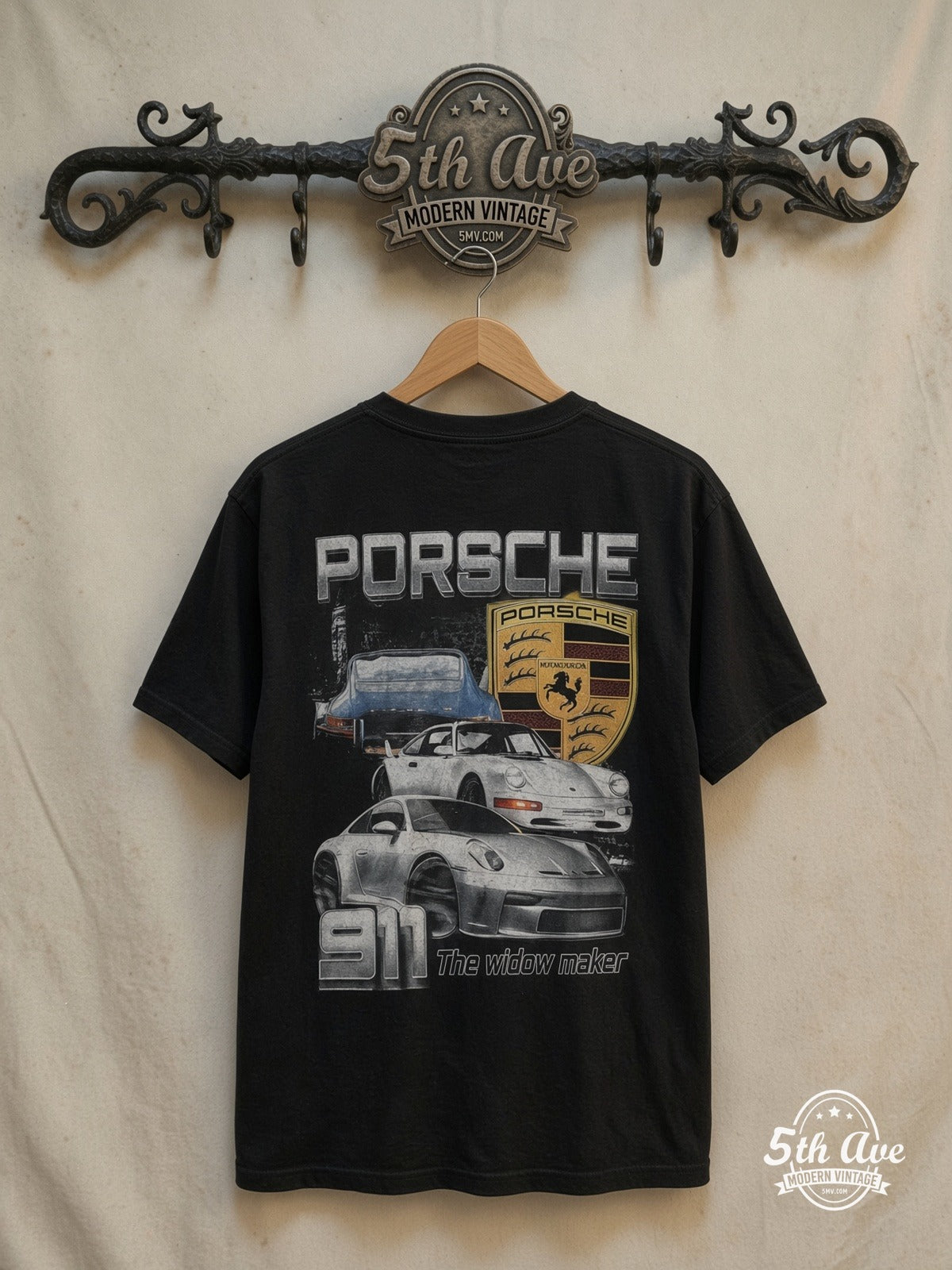 Porsche single stitch T-Shirt — back on locked cream ornate 5th Ave rack