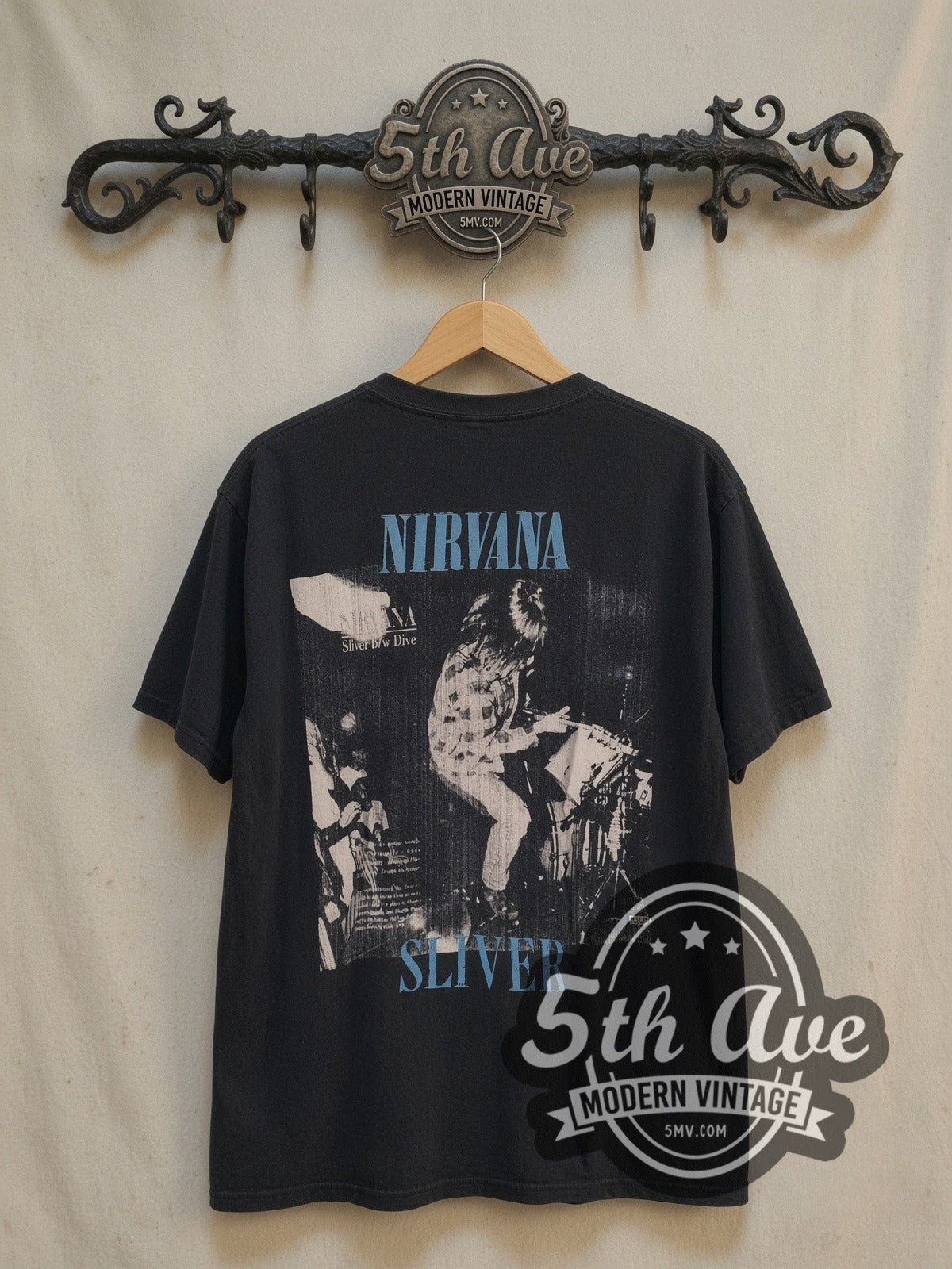 Nirvana Sliver Front and Back Print vintage band t-shirt, back view on the 5MV rack